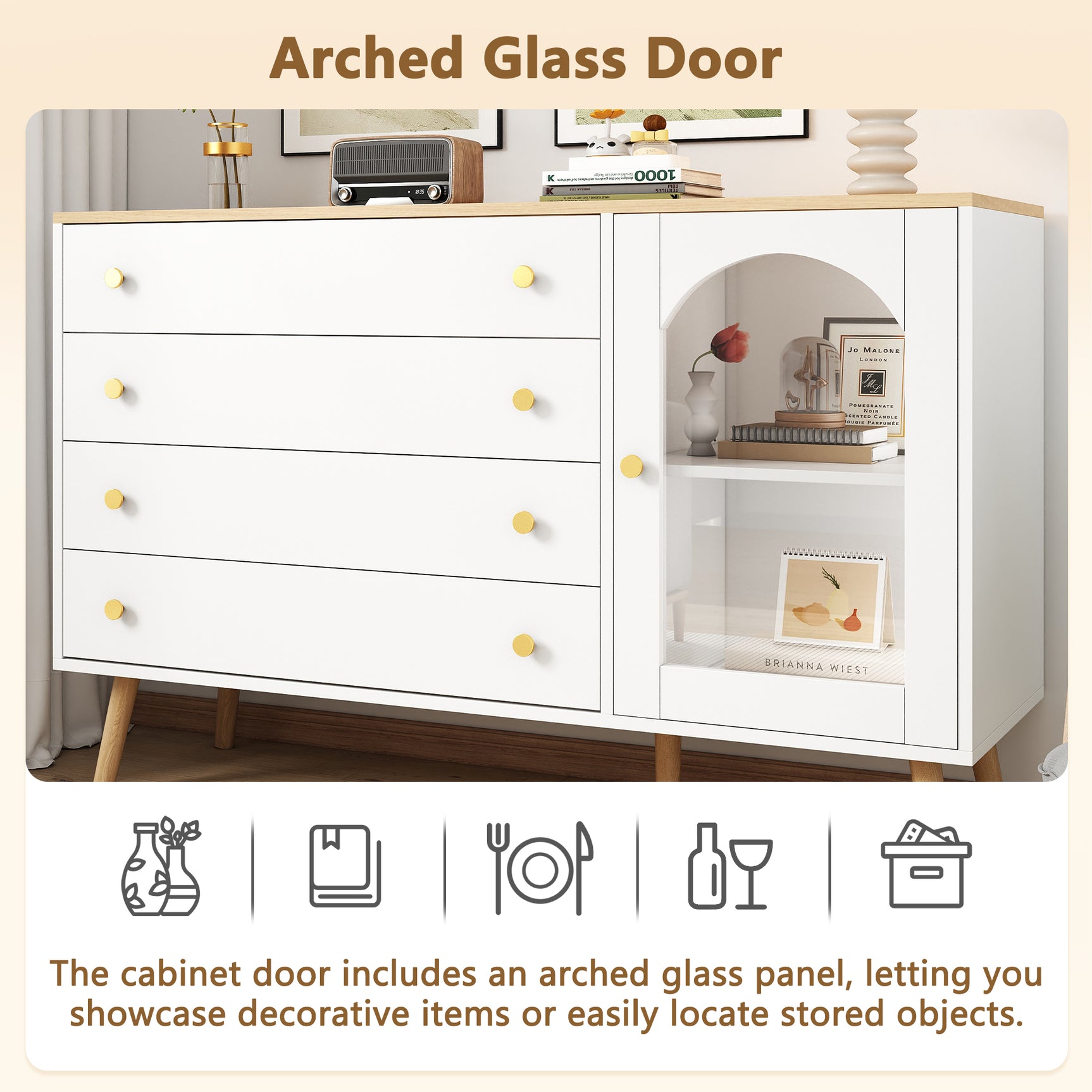 Commode blanche moderne avec 4 tiroirs spacieux et porte en verre trempé