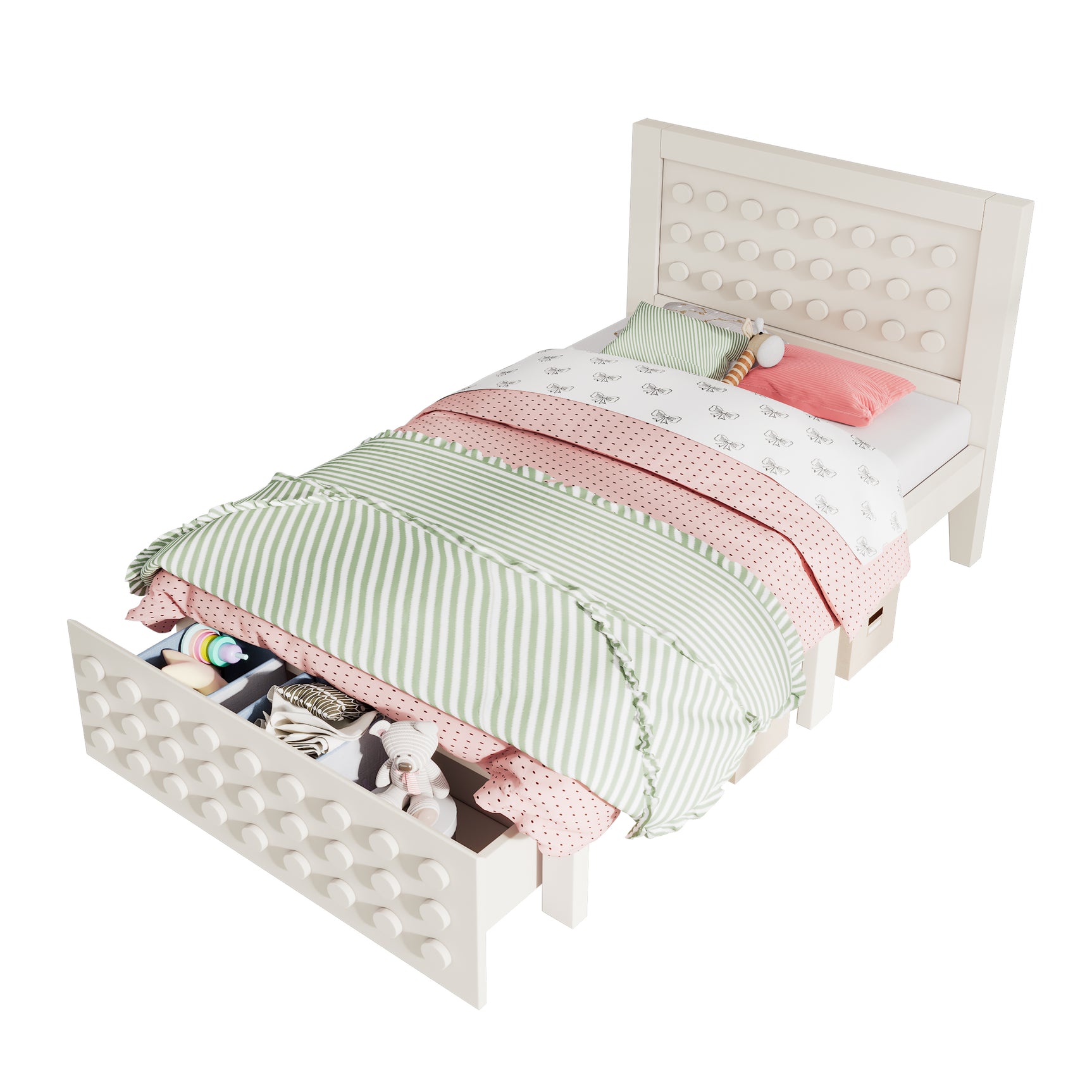 Lit enfant blanc 90x200 cm avec tiroir de rangement et design créatif en blocs, cadre en bois massif