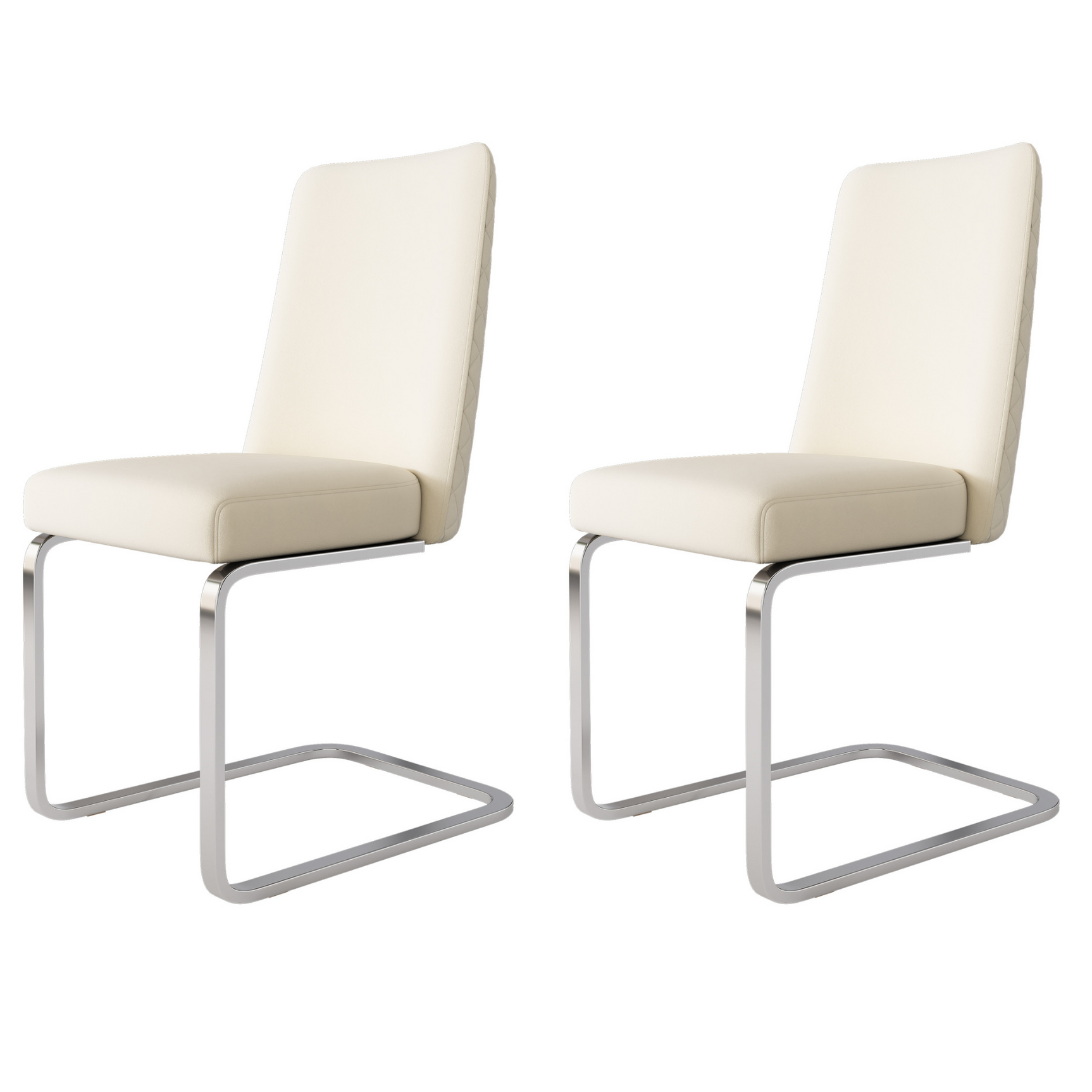 Set of 2 beige velvet dining chairs with diamond pattern and silver metal feet backrest