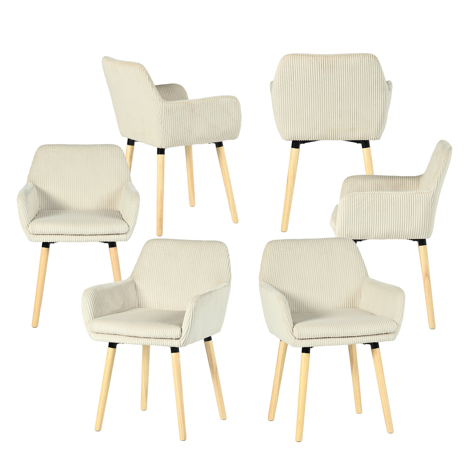 Lot de 6 chaises de salle à manger de style scandinave avec pieds en bois et accoudoirs en velours côtelé beige - ELIA