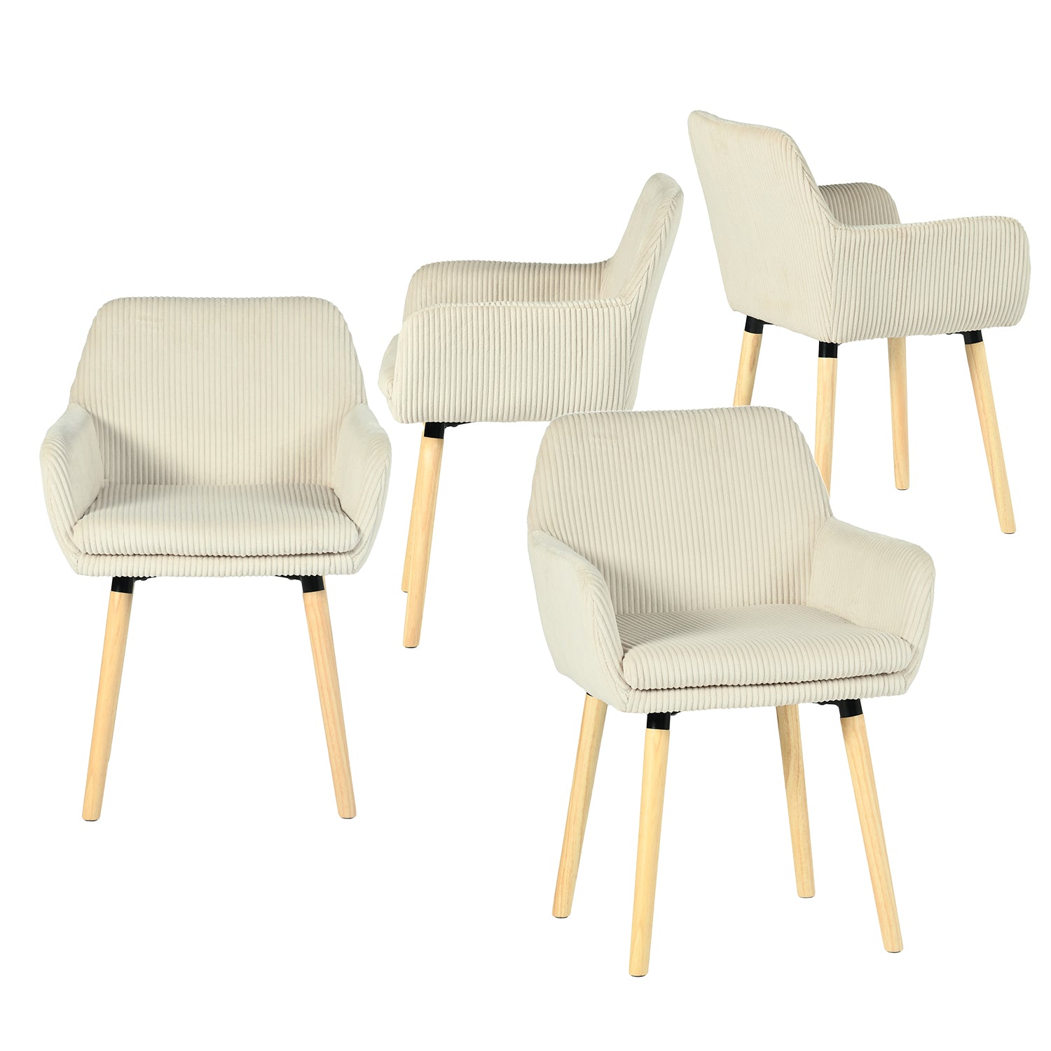 Lot de 4 chaises de salle à manger de style scandinave avec pieds en bois et accoudoirs en velours côtelé beige - ELIA