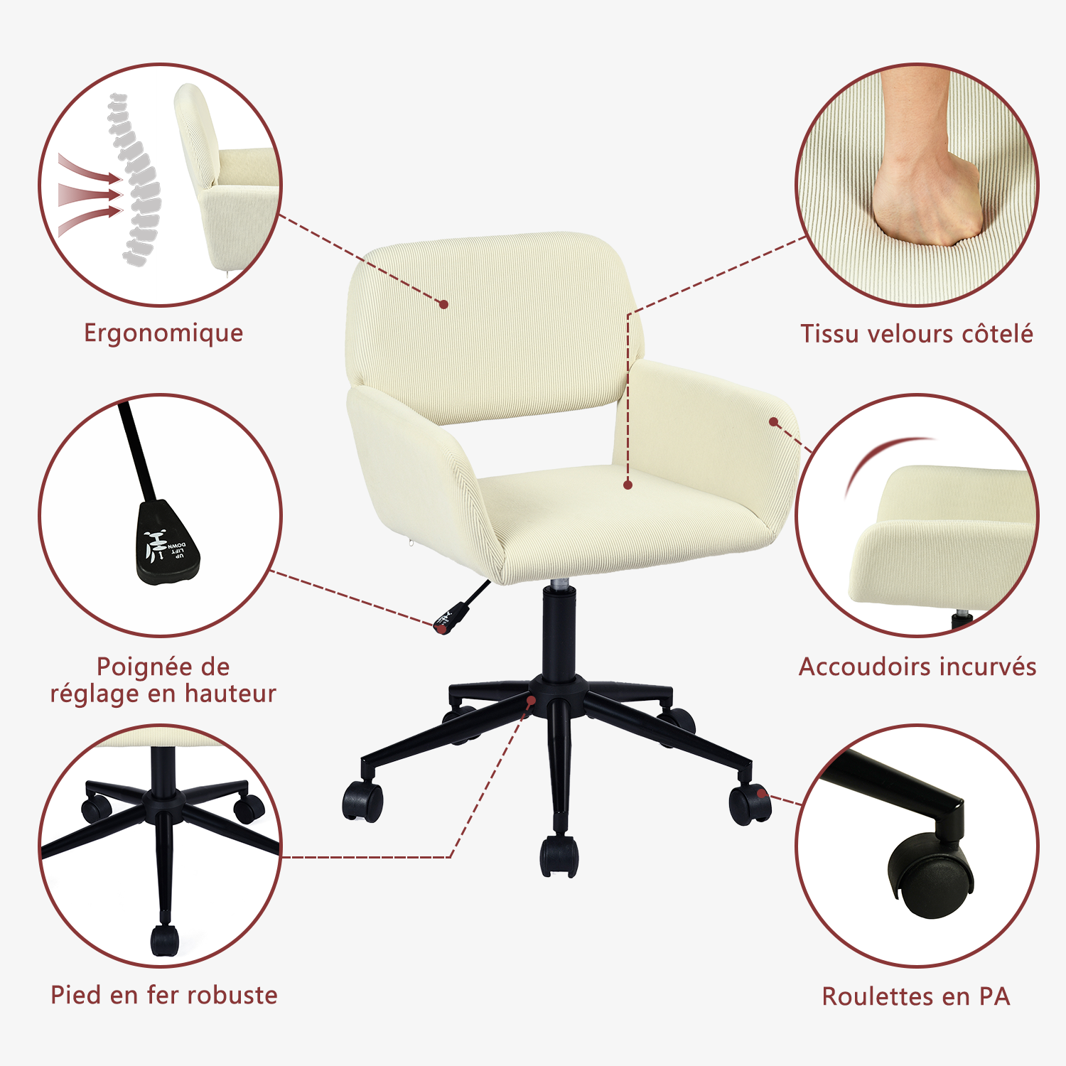 Ensemble avec bureau pliable blanc à roulettes et fauteuil en velours côtelé beige ââ‚?ASCOLI & ROSS