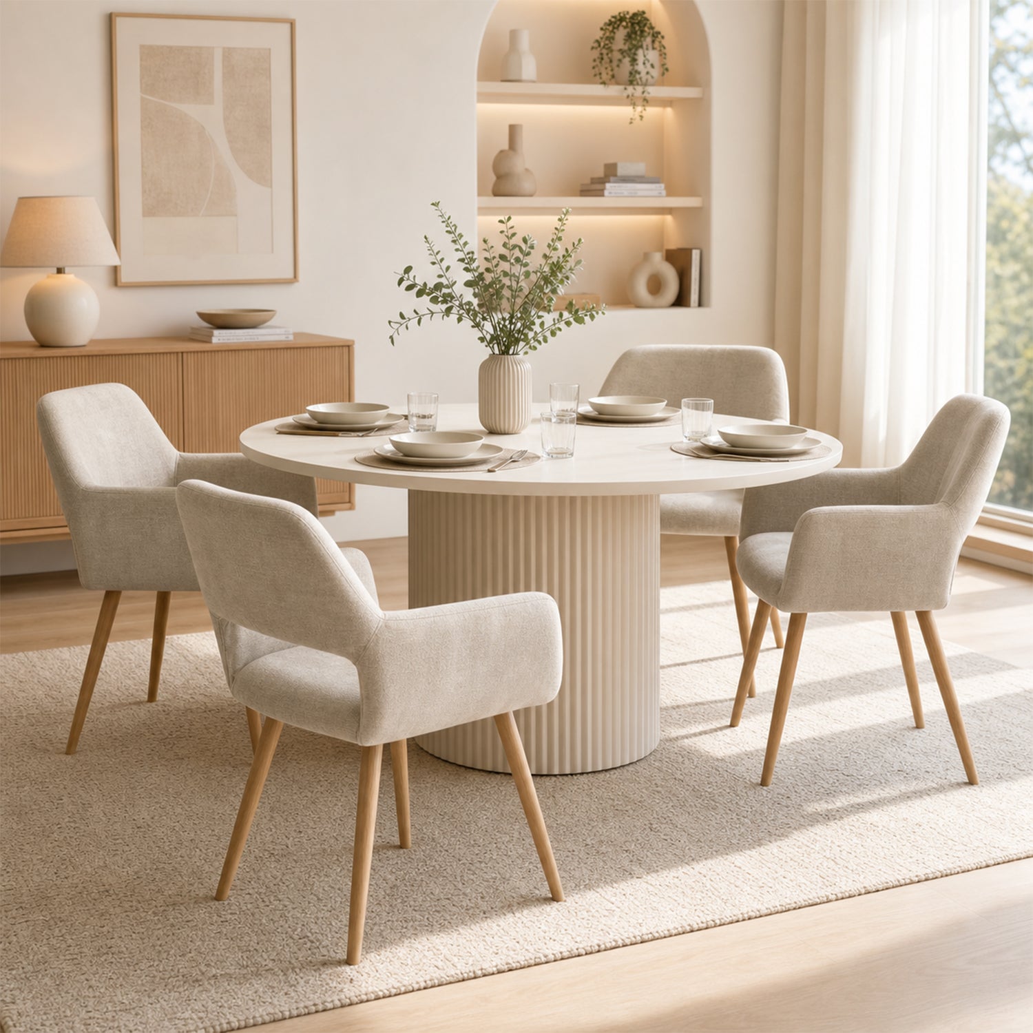 Lot de 4 fauteuils de salle à manger scandinaves avec accoudoirs en tissu beige - CROMWELL