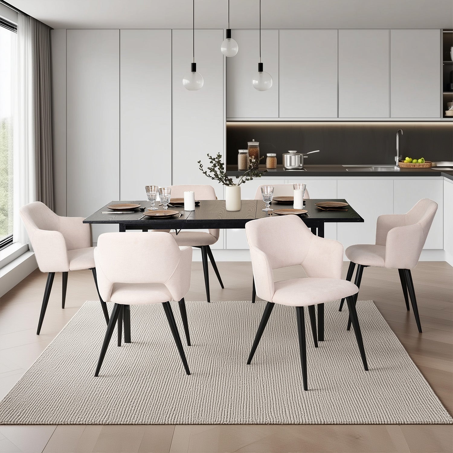 Round Table Table Table Table Timber Ø80 cm with 4 black velvet chairs, modern and comfortable style