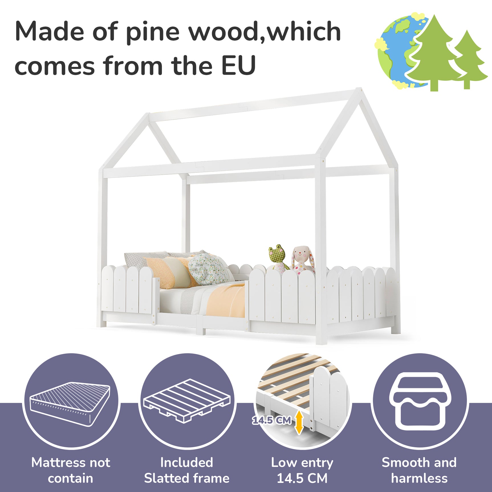 Kinderkabine 90x200 cm weiß in festem Holz mit Sicherheitsbarrieren und Schleiferboxen (ohne Matratzen)