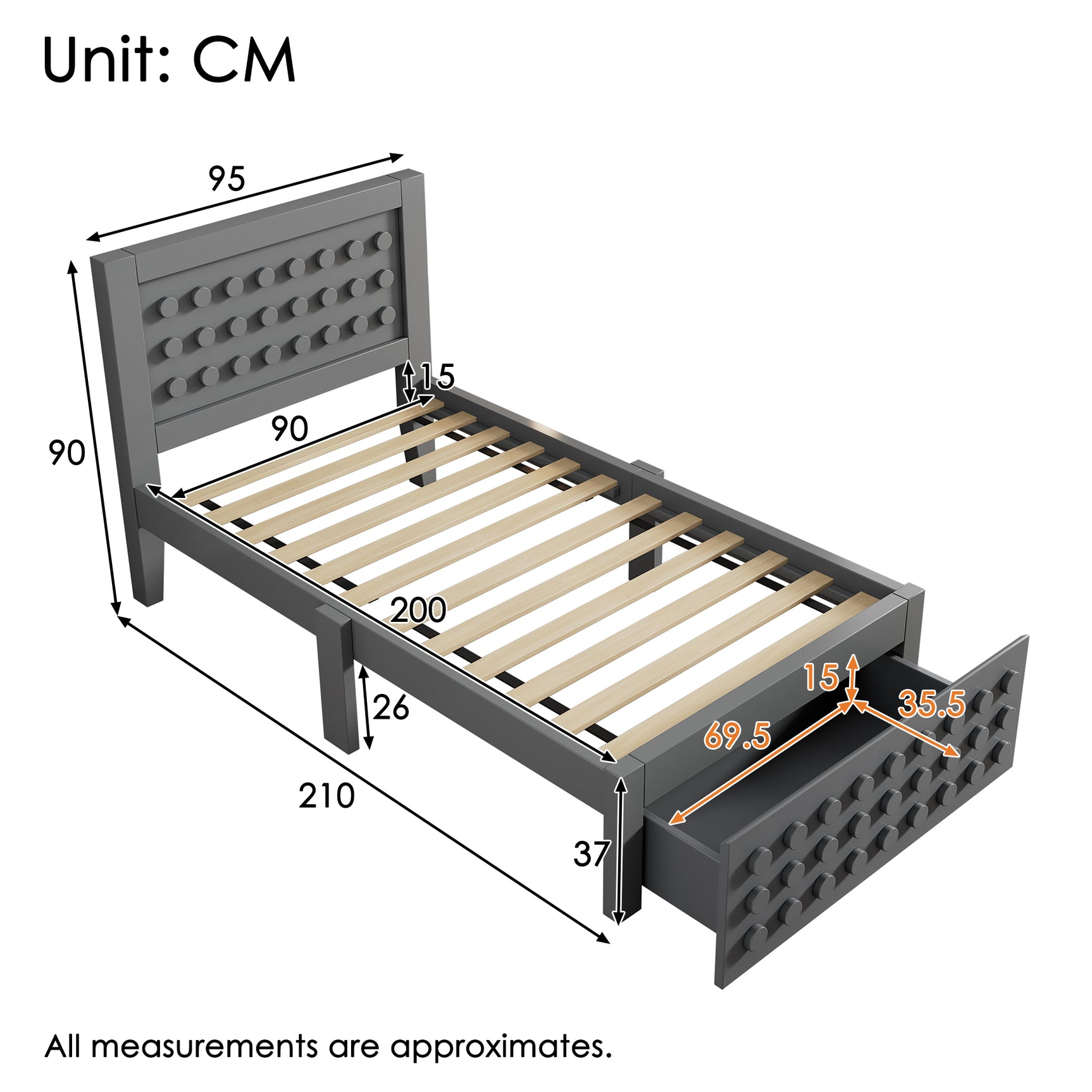 Lit enfant gris 90x200 cm avec tiroir de rangement et design créatif en blocs, cadre en bois massif