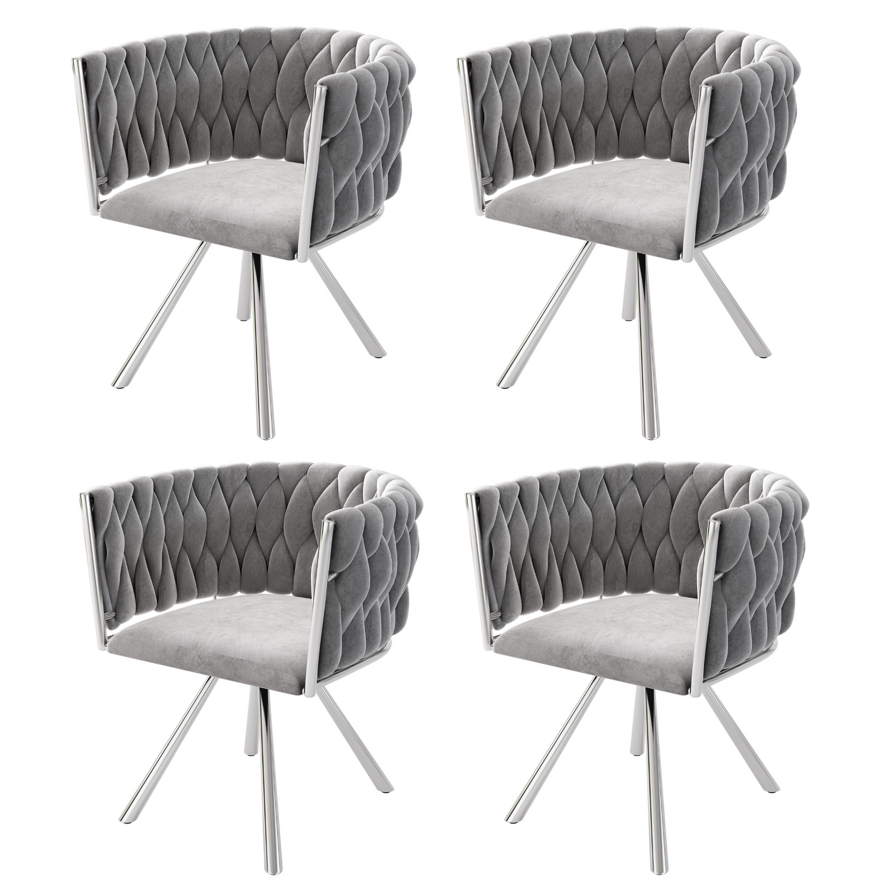 Lot de 4 chaises de salle à manger pivotantes en velours gris avec pieds en métal argenté