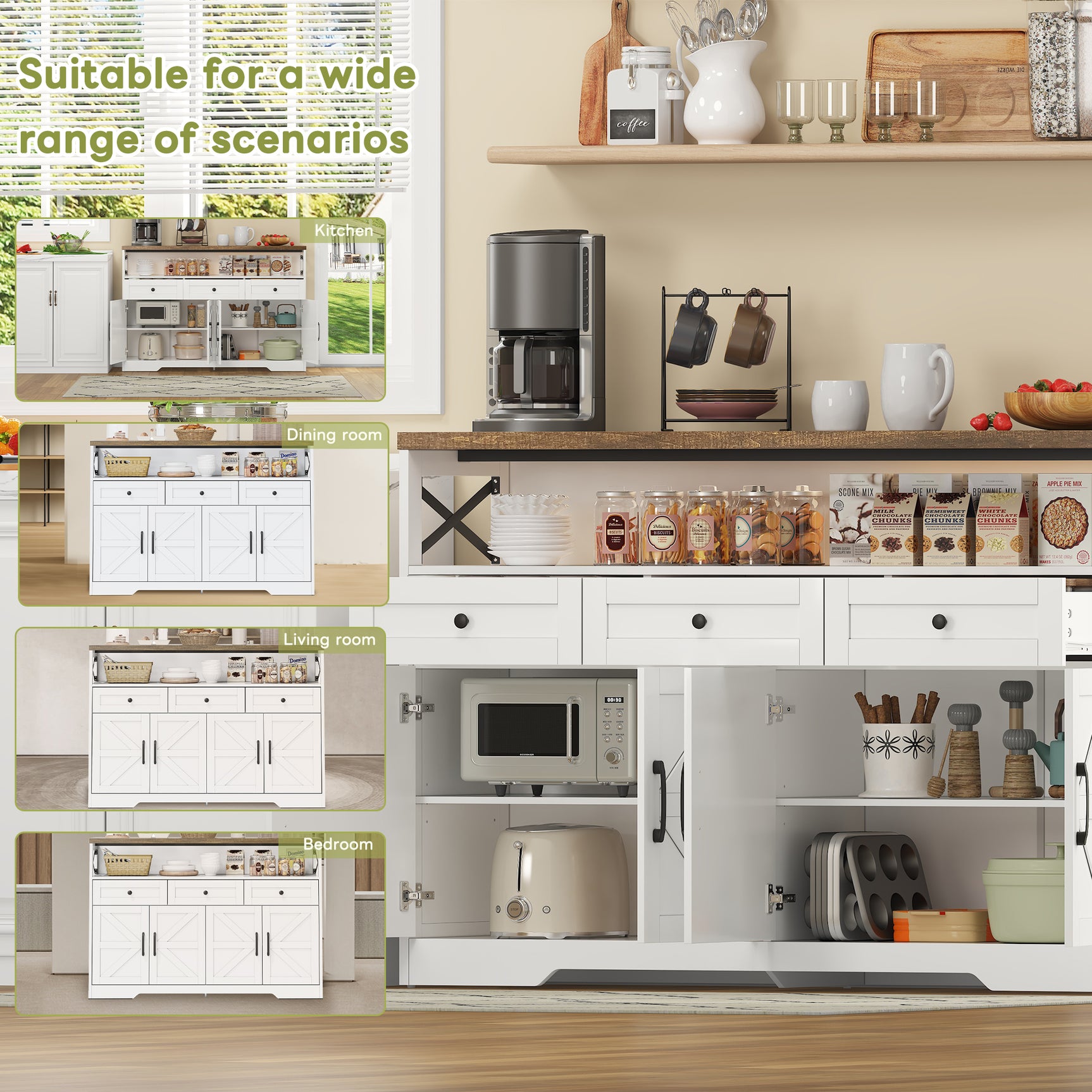 White and brown rustic buffet with 3 drawers and 2 doors