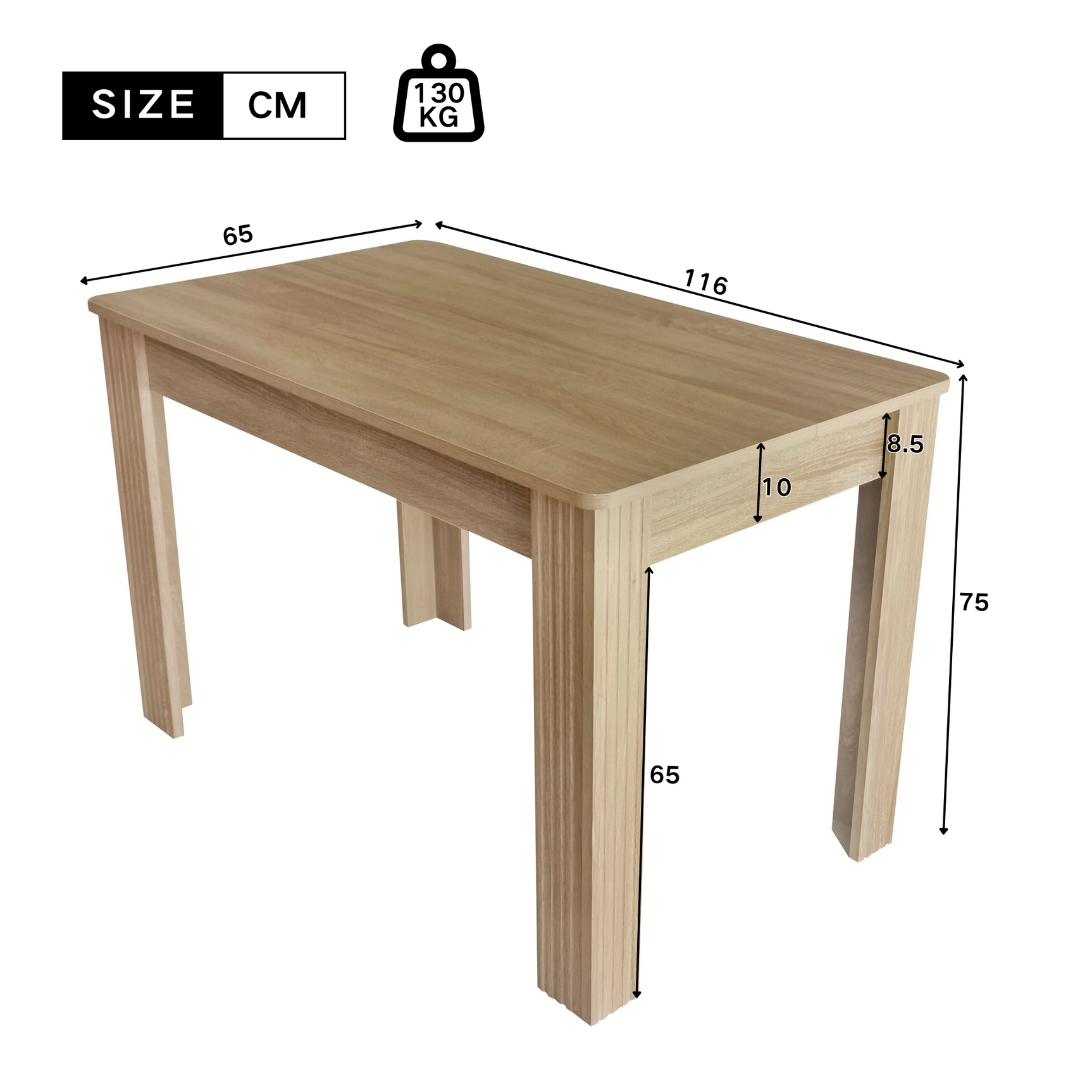Table à manger rectangulaire en panneaux de particules finition chêne avec quatre pieds robustes