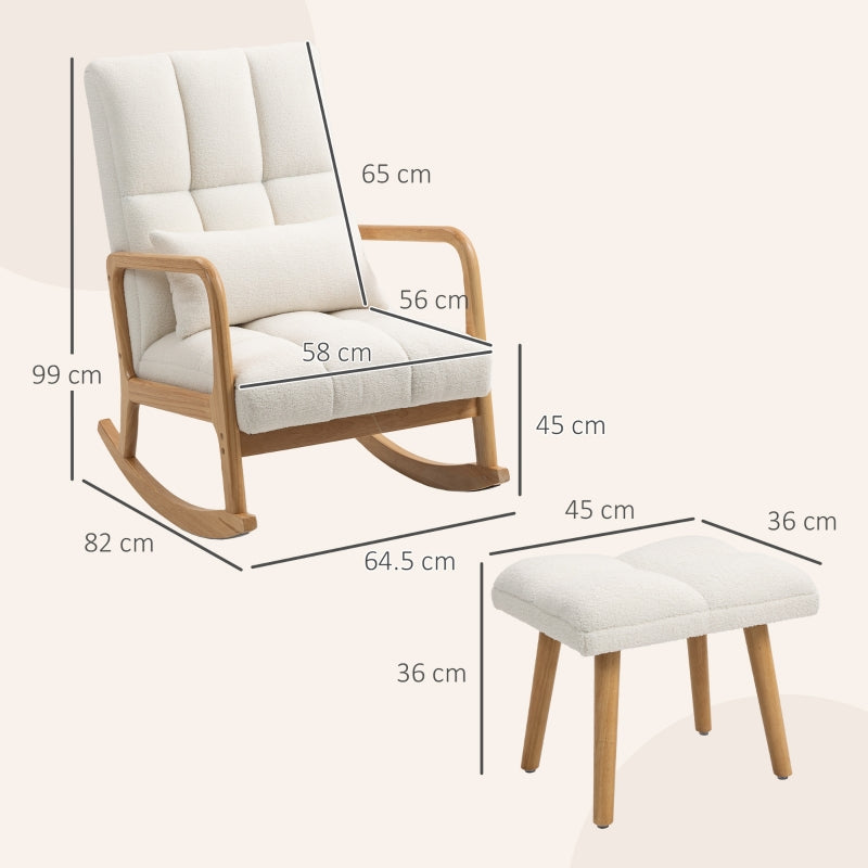 Fauteuil à bascule avec repose-pieds, revêtement polaire blanc, dossier haut et structure bois naturel
