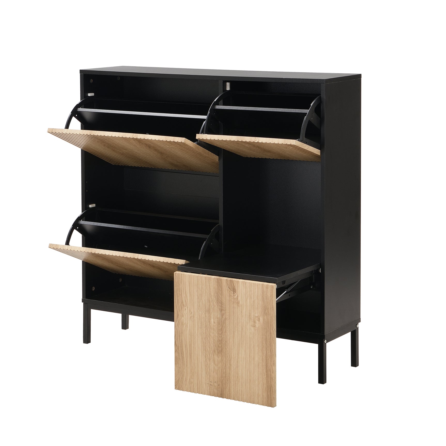 Meuble à chaussures avec banc intégré 100x25x100 cm en MDF noir et bois naturel, 3 abattants, étagères et assise escamotable, idéal pour entrée, couloir ou chambre