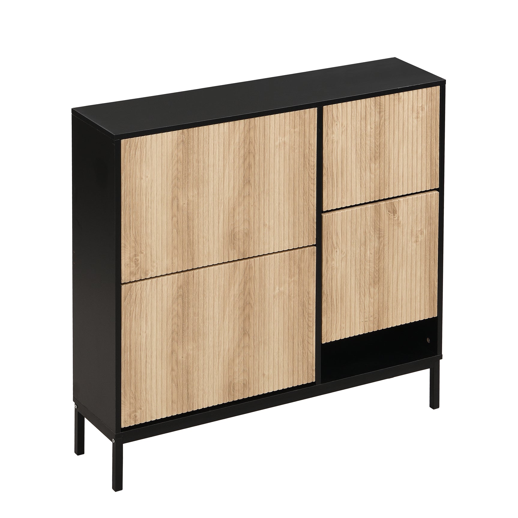 Meuble à chaussures avec banc intégré 100x25x100 cm en MDF noir et bois naturel, 3 abattants, étagères et assise escamotable, idéal pour entrée, couloir ou chambre