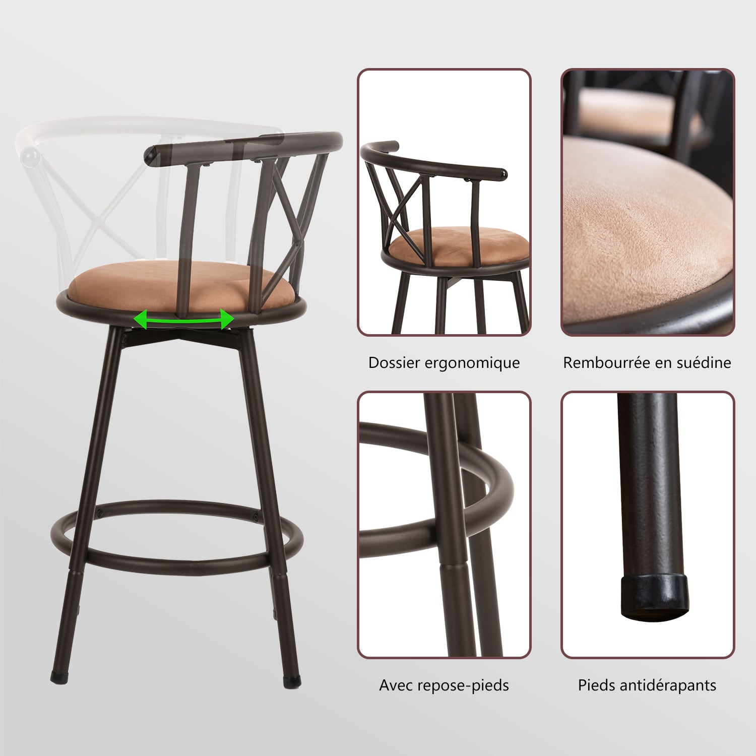 Lot de 4 tabourets de bar industriels pivotants avec dossier en tissu marron - HAILEY 24