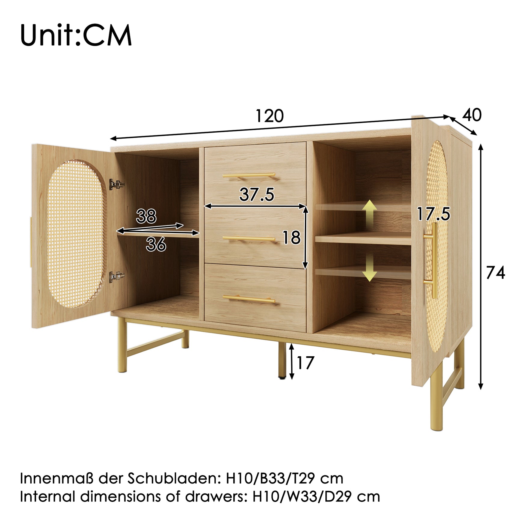 Eichen-Caning-Buffet mit 3 Schubladen, 2 Türen, einstellbaren Regalen und Anti-Breeching-Geräte-120 × 40 × 74 cm