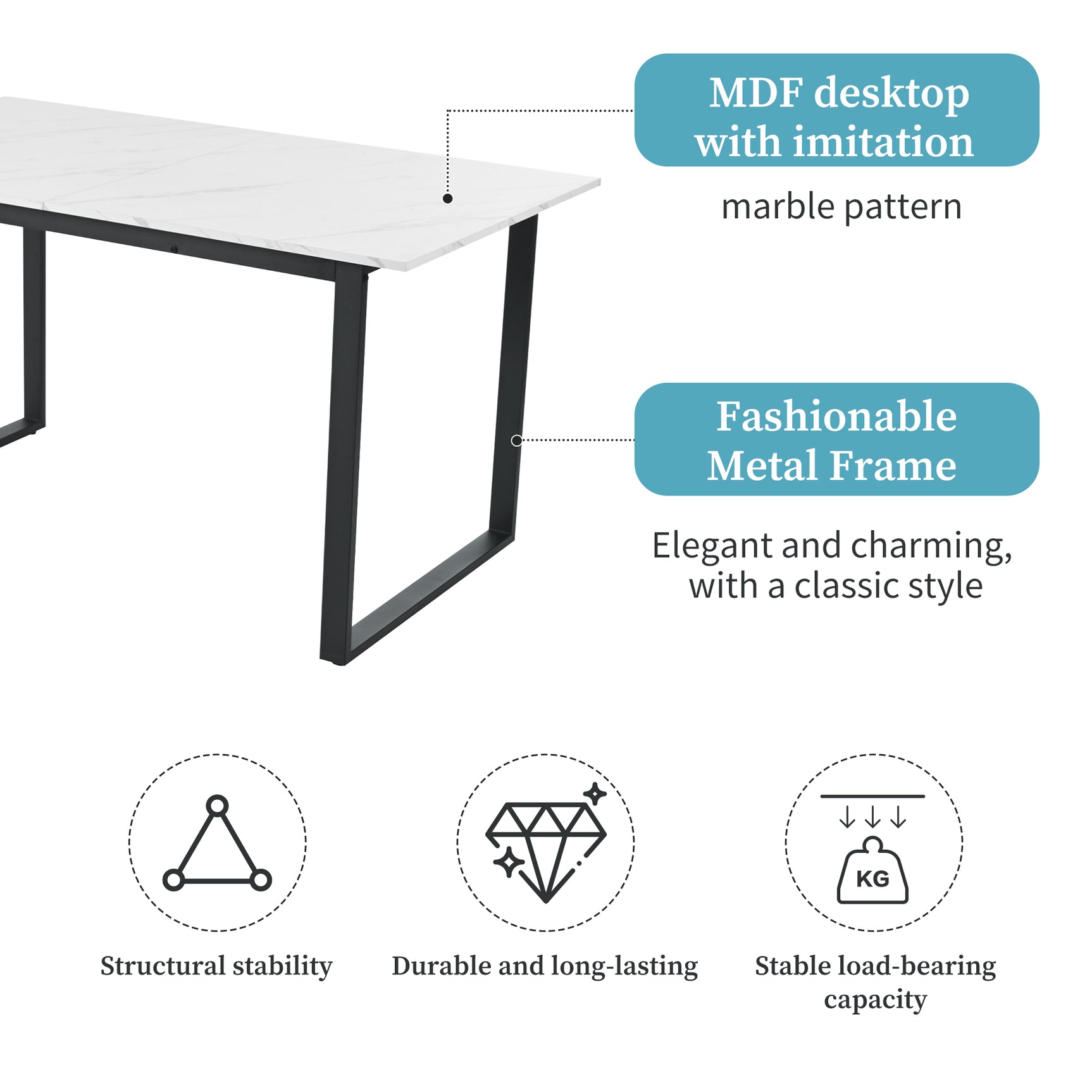 Extensible dining table 140/180x80x75 cm with MDF tray white marble effect and black metal feet