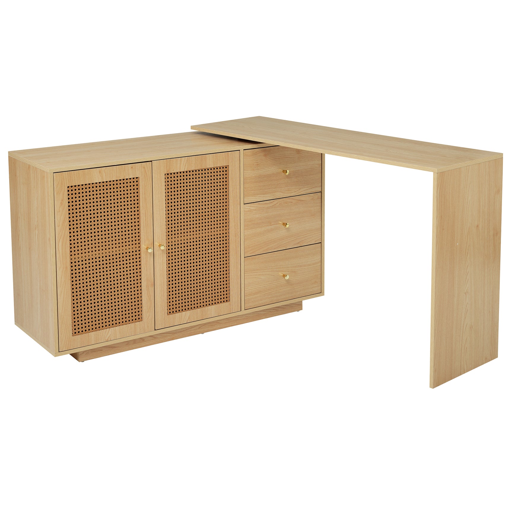 Bureau d'angle en L avec portes en cannage, table pivotante et espace de rangement