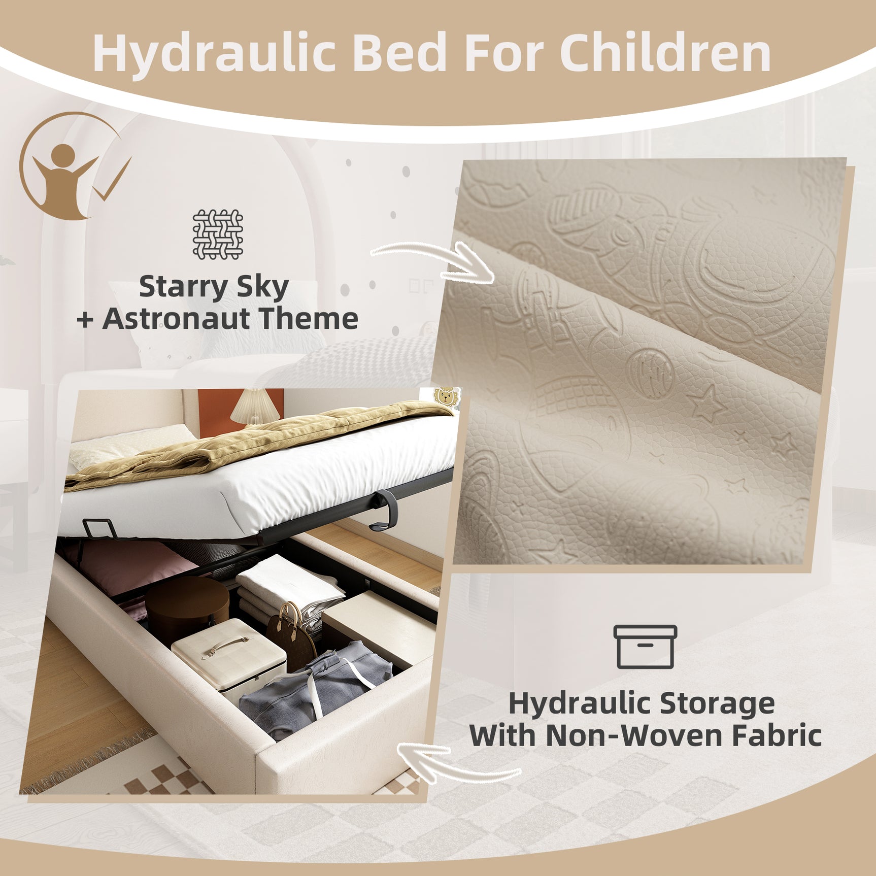 Kinderbett 90×200 cm gepolstert (ohne Matratze) in beigem PU mit gewölbtem Kopfteil