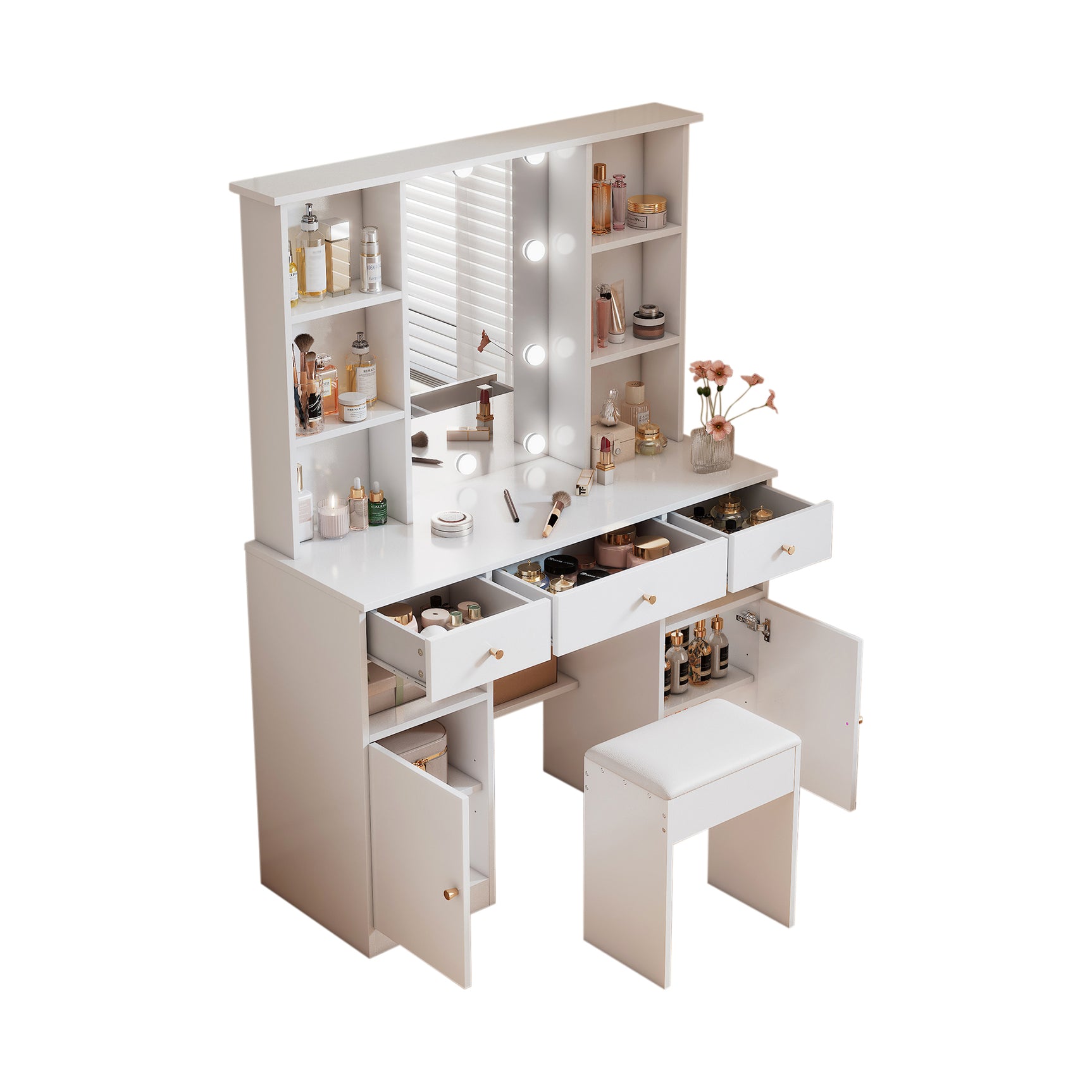 Grande coiffeuse blanche avec miroir, tabouret et éclairage LED réglable, 3 tiroirs et 2 portes de rangement