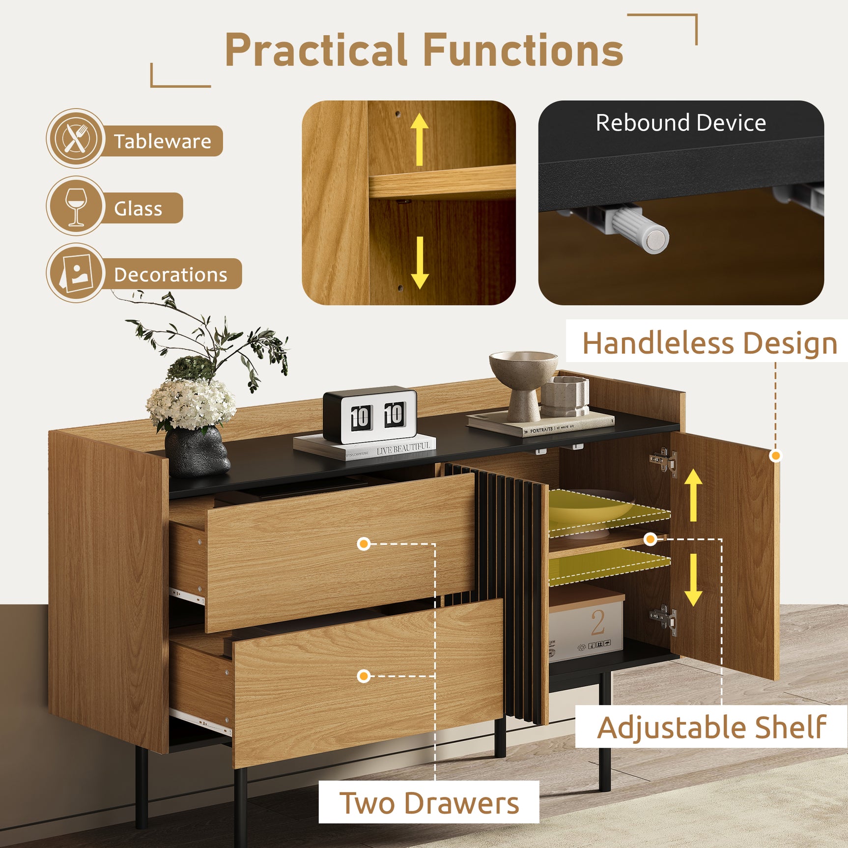 Modernes minimalistisches Buffet 130 cm mit 2 Schubladen, Türen und verstellbares Regal, schwarzes Tablett und Eichendekor, schwarze Metallfüße