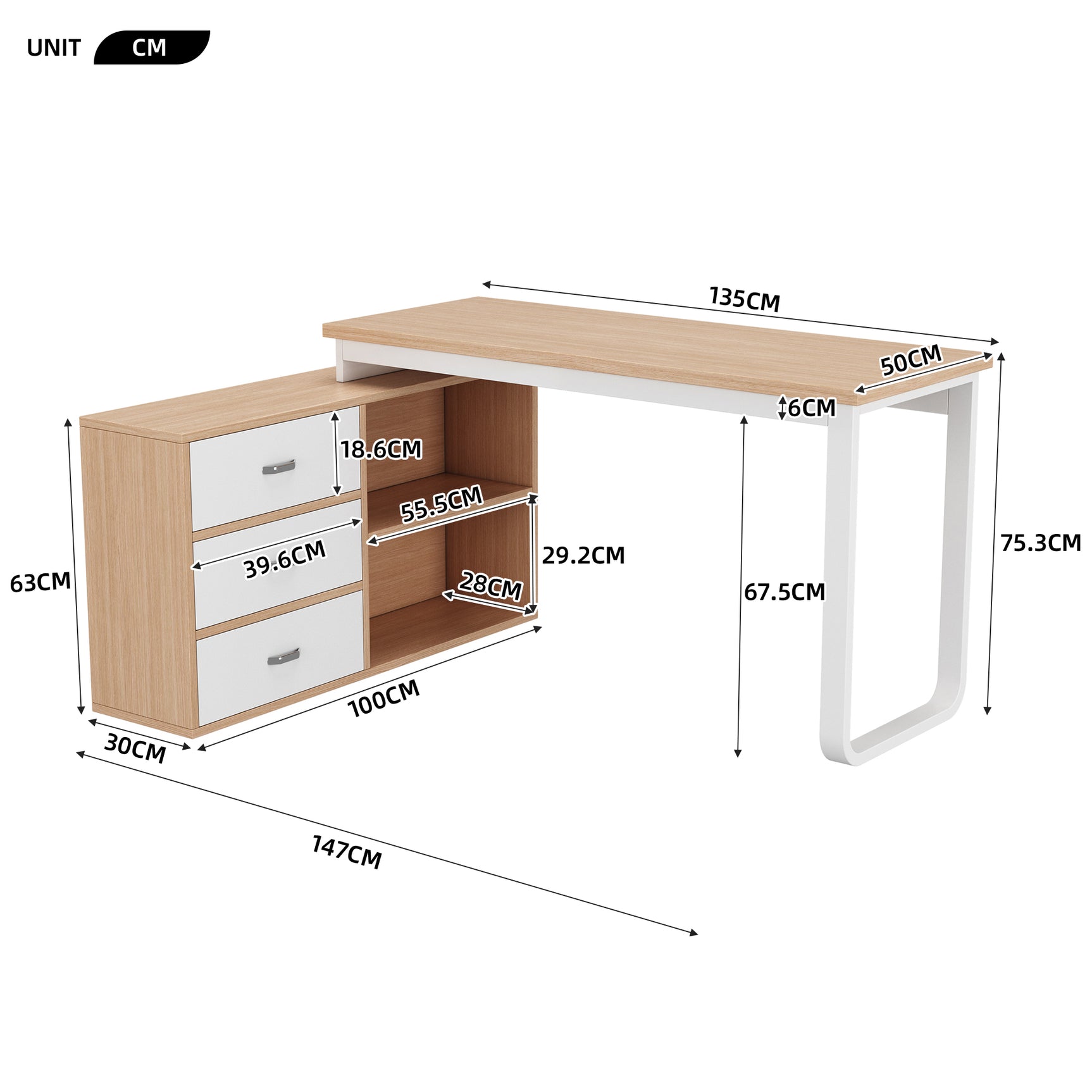 Bureau simple en bois naturel avec 3 tiroirs et 2 niches ouvertes – 147×100×75,3 cm