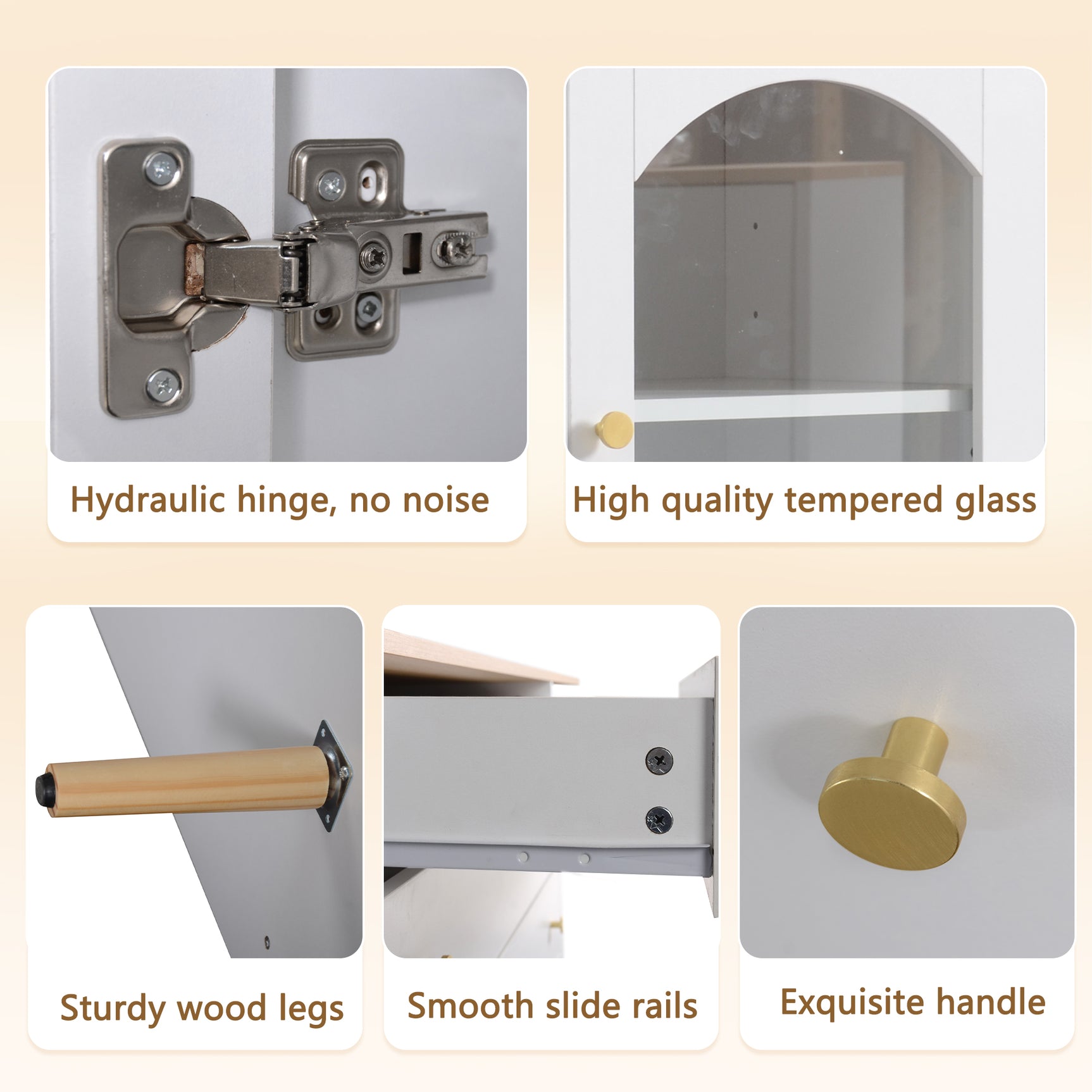 Buffet blanc et bois naturel avec 3 tiroirs et 3 portes cintrées en verre trempé, grand espace de rangement élégant