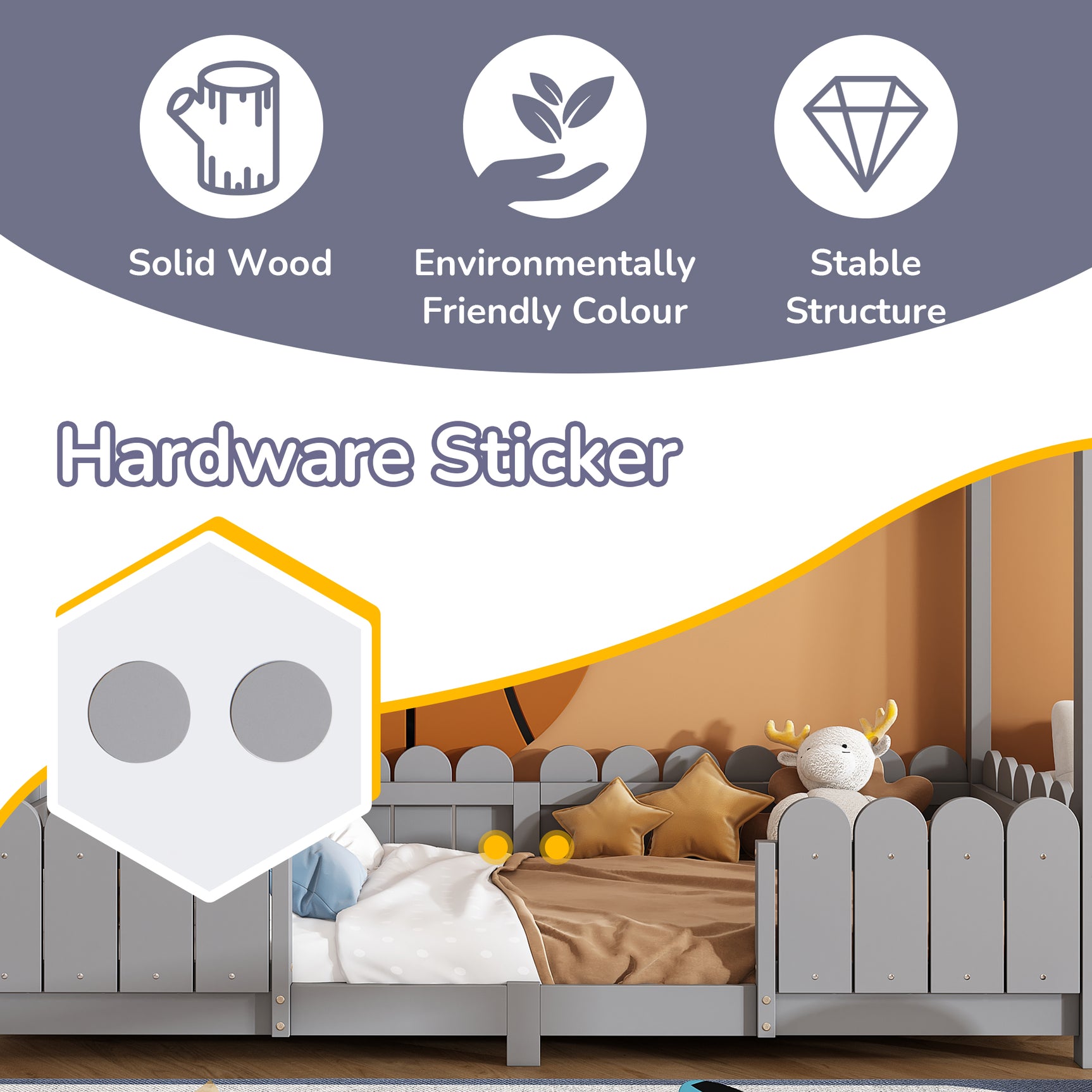 Kinder-Kabinenbett 90x200 cm grau aus Massivholz mit Sicherheitsgeländer und Lattenrost (ohne Matratze)