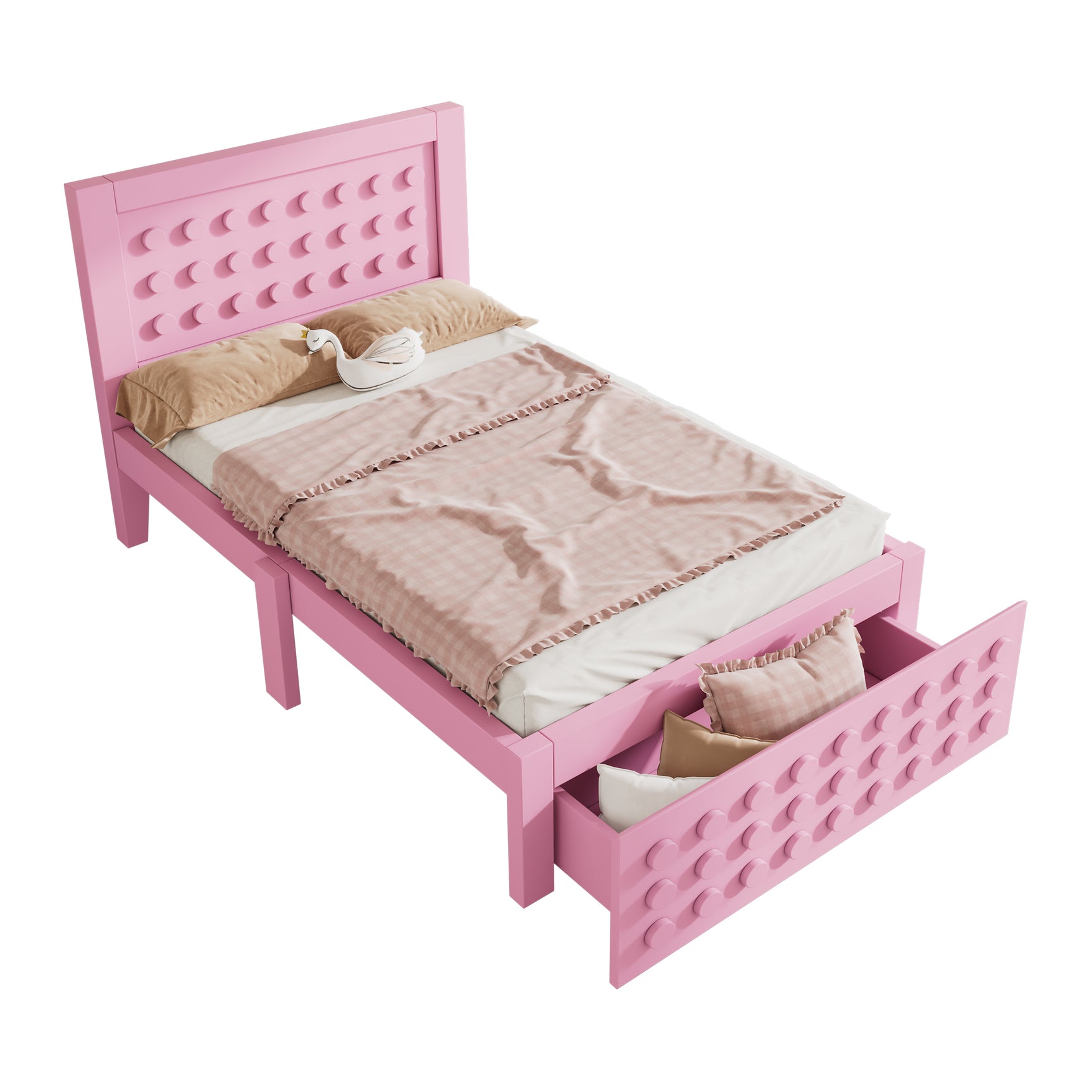Lit enfant rose 90x200 cm avec tiroir de rangement et design créatif en blocs, cadre en bois massif