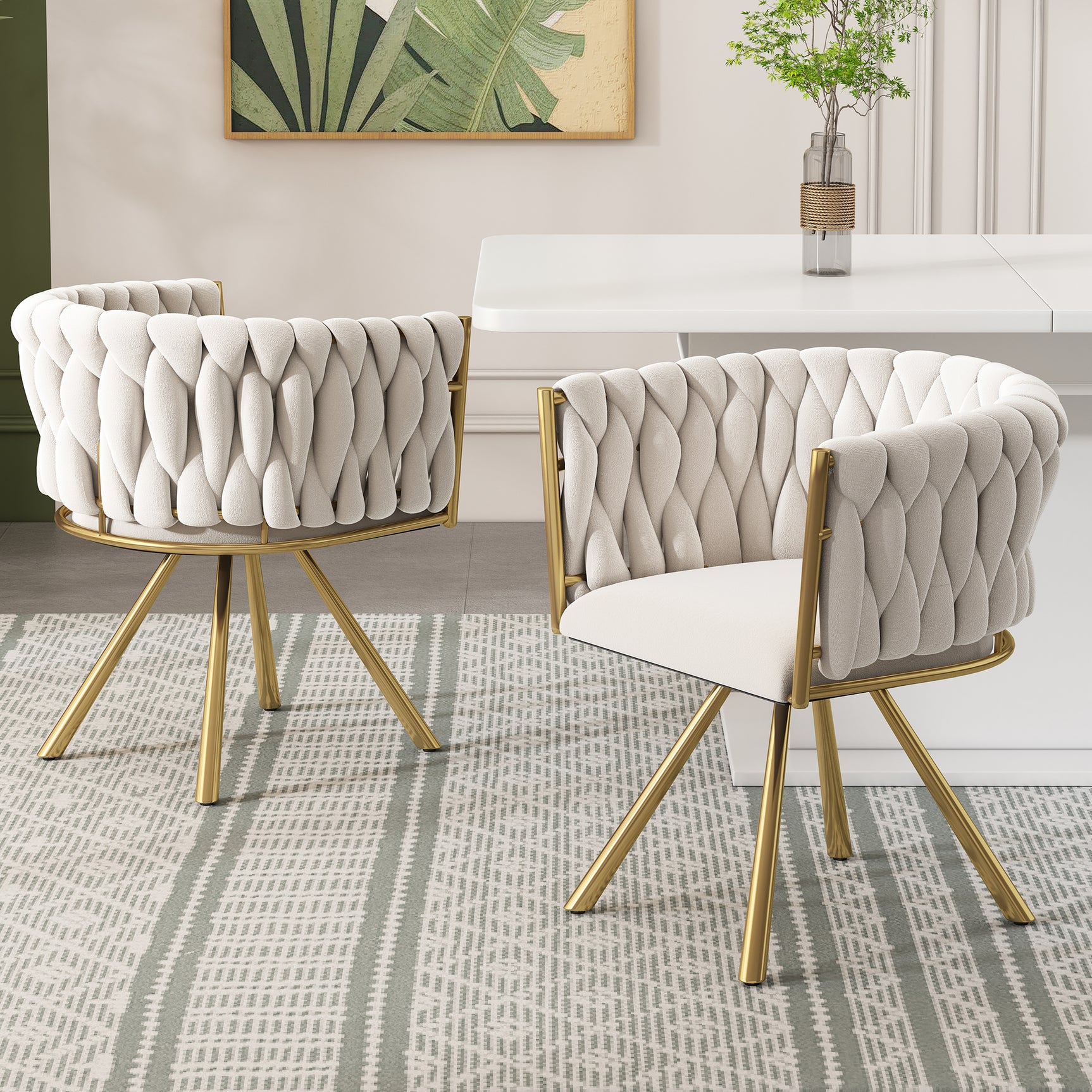 Lot de 4 chaises pivotantes de salle à manger en velours beige avec pieds en métal doré