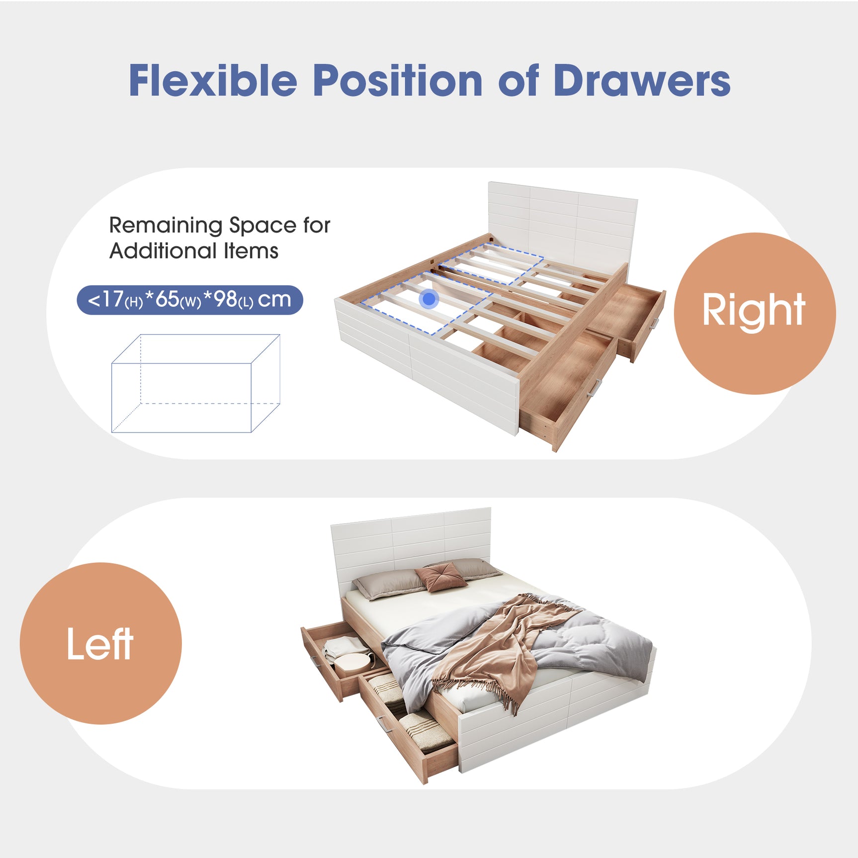 Lit double 140x200 cm en bois avec sommier à lattes et 2 tiroirs de rangement (sans matelas)