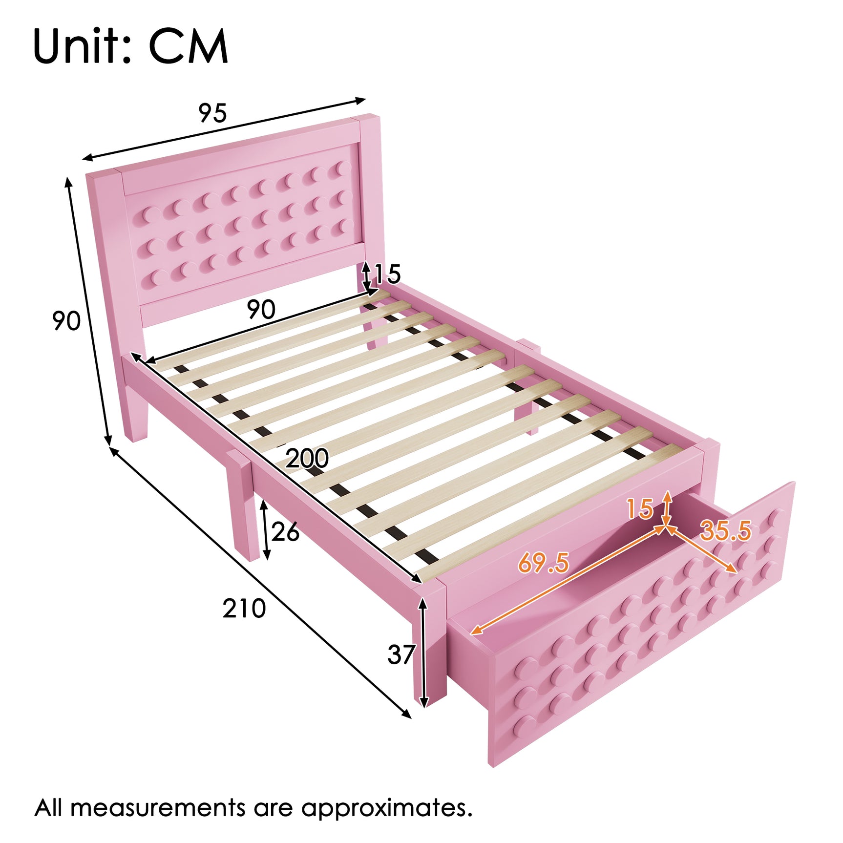 Lit enfant rose 90x200 cm avec tiroir de rangement et design créatif en blocs, cadre en bois massif