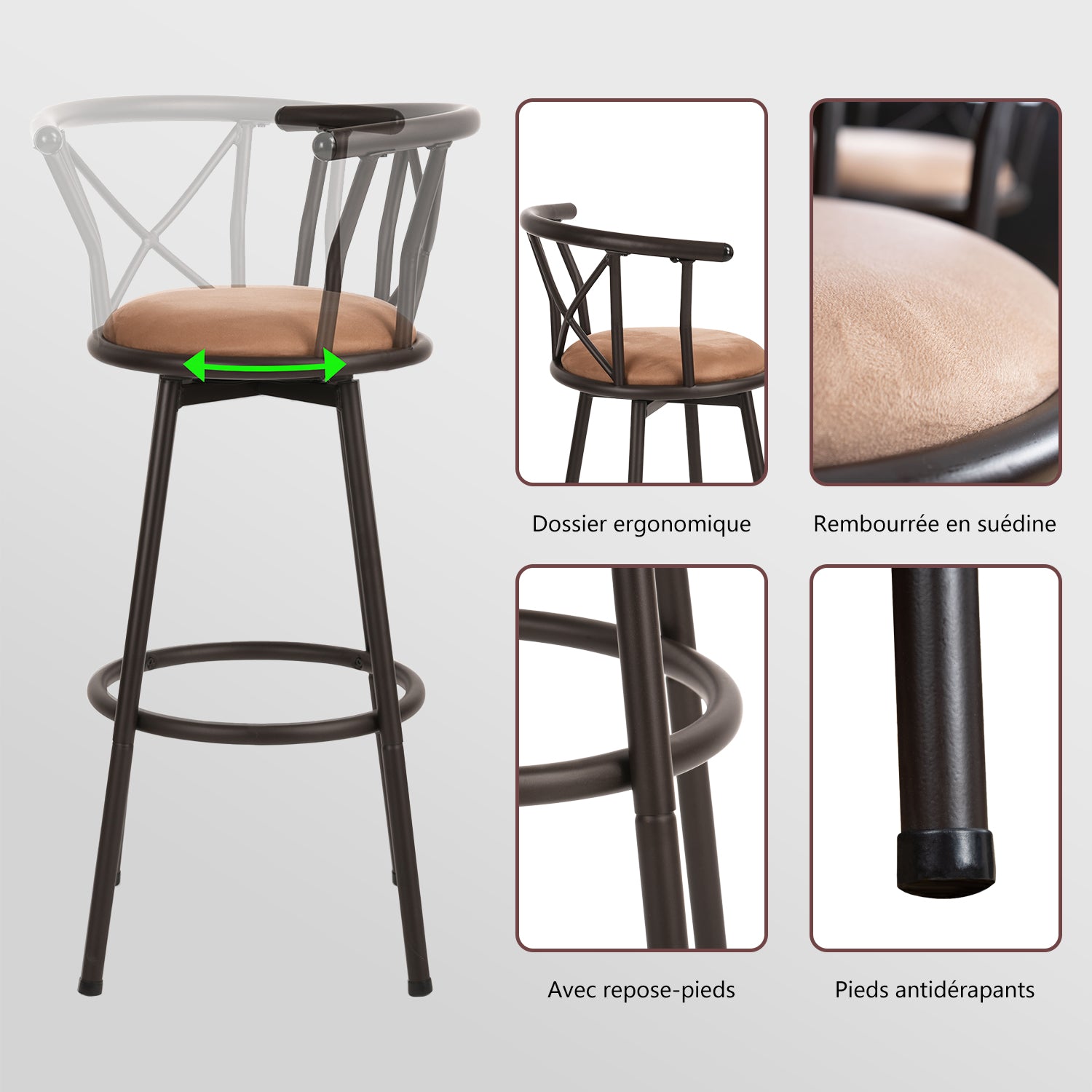 Set von 2 schwenkbaren Industriestangenhockern mit brauner Stoff -Rückenlehne - Hailey 29