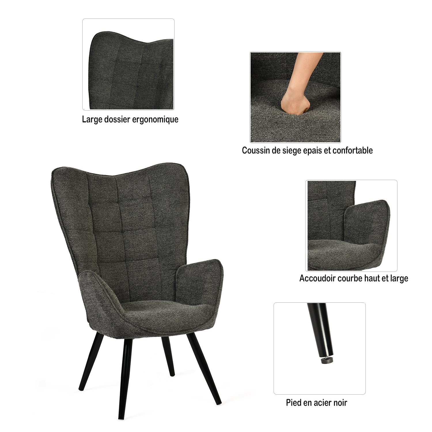 Fauteuil scandinave avec accoudoirs en tissu gris foncé à surpiqûres - FUNKEL