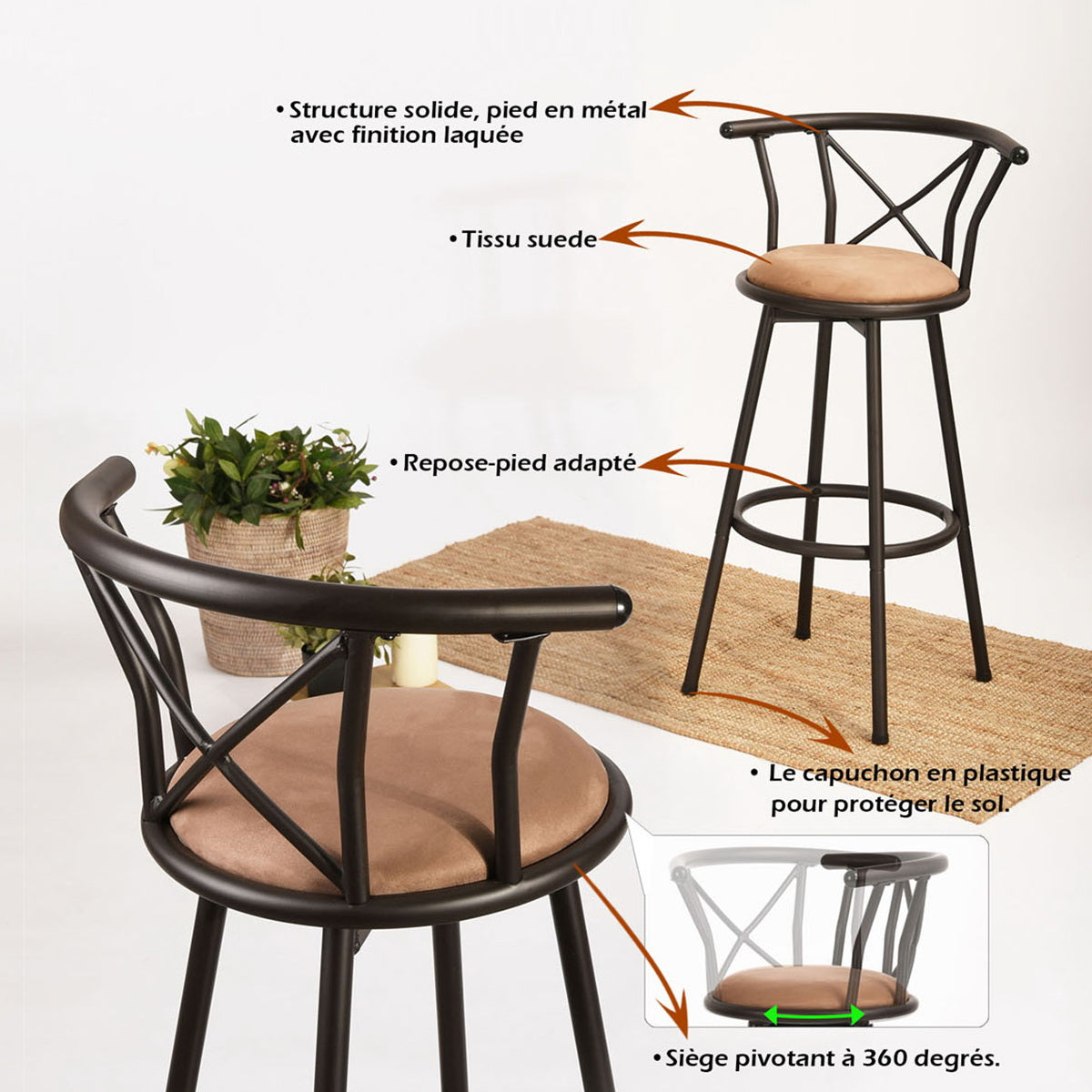 Set von 2 schwenkbaren Industriestangenhockern mit brauner Stoff -Rückenlehne - Hailey 29