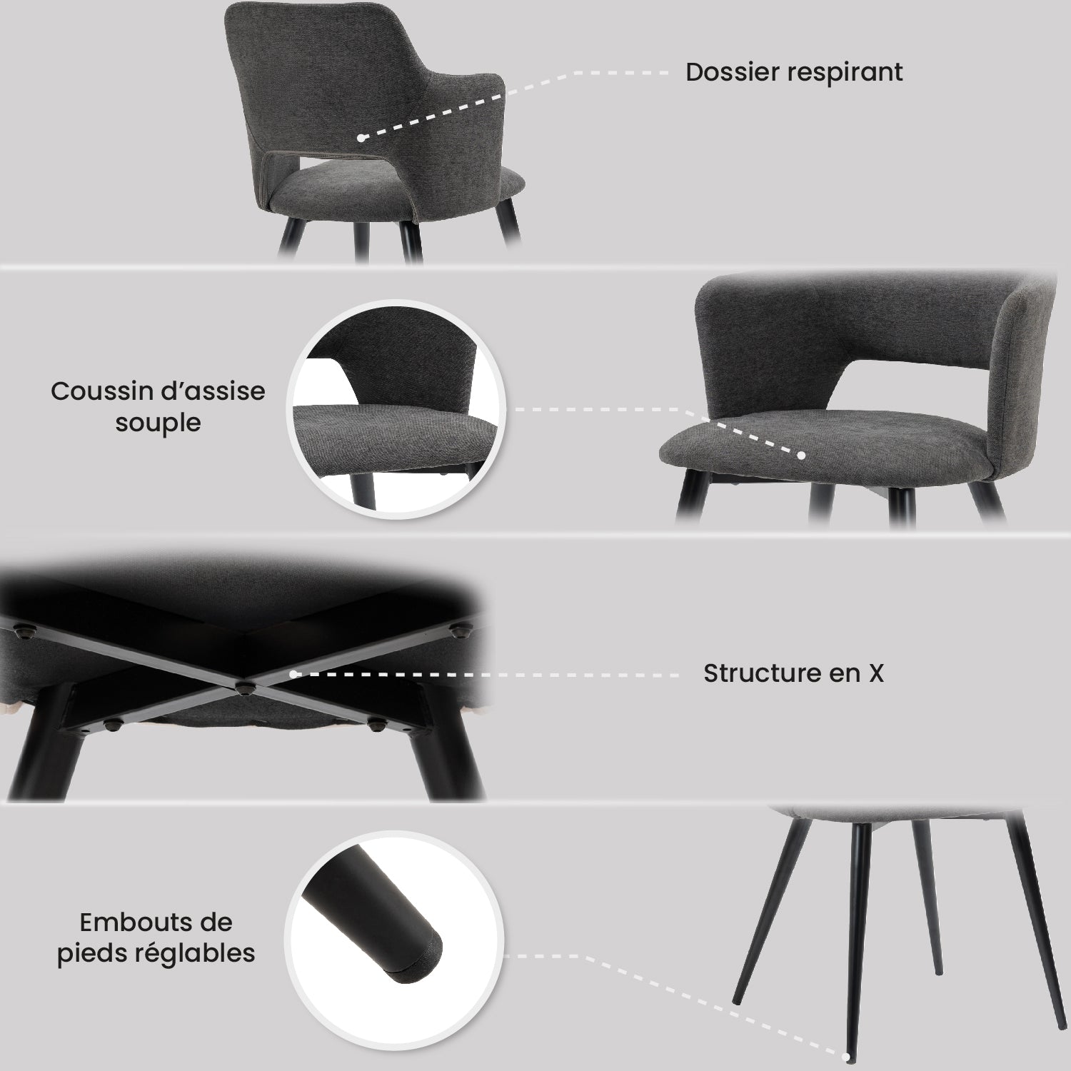 Ensemble de salle à manger composé d'une table ronde en chêne et de deux fauteuils en tissu gris, scandinave pour la salle à manger