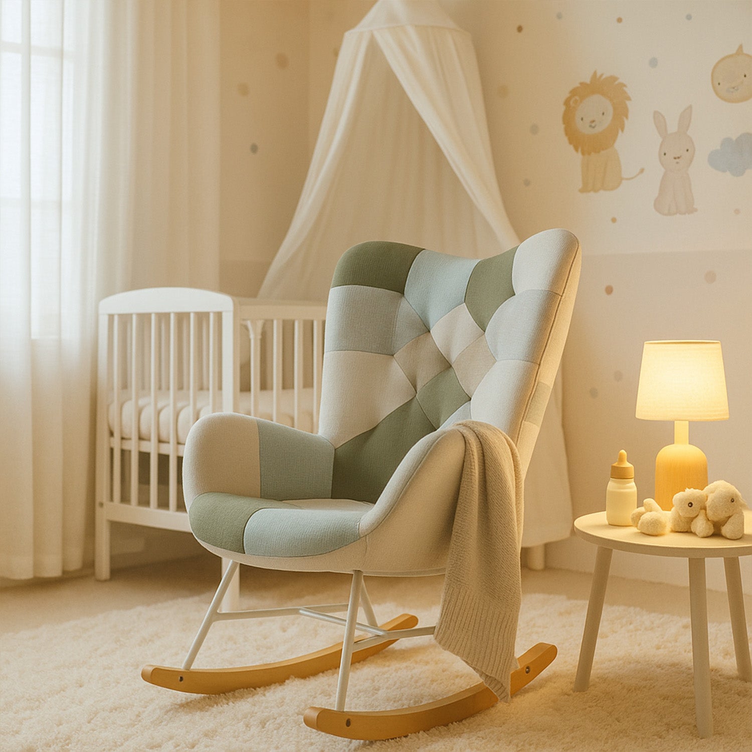 Fauteuil à bascule allaitement scandinave avec accoudoirs en tissu patchwork aqua capitonné - EPPING