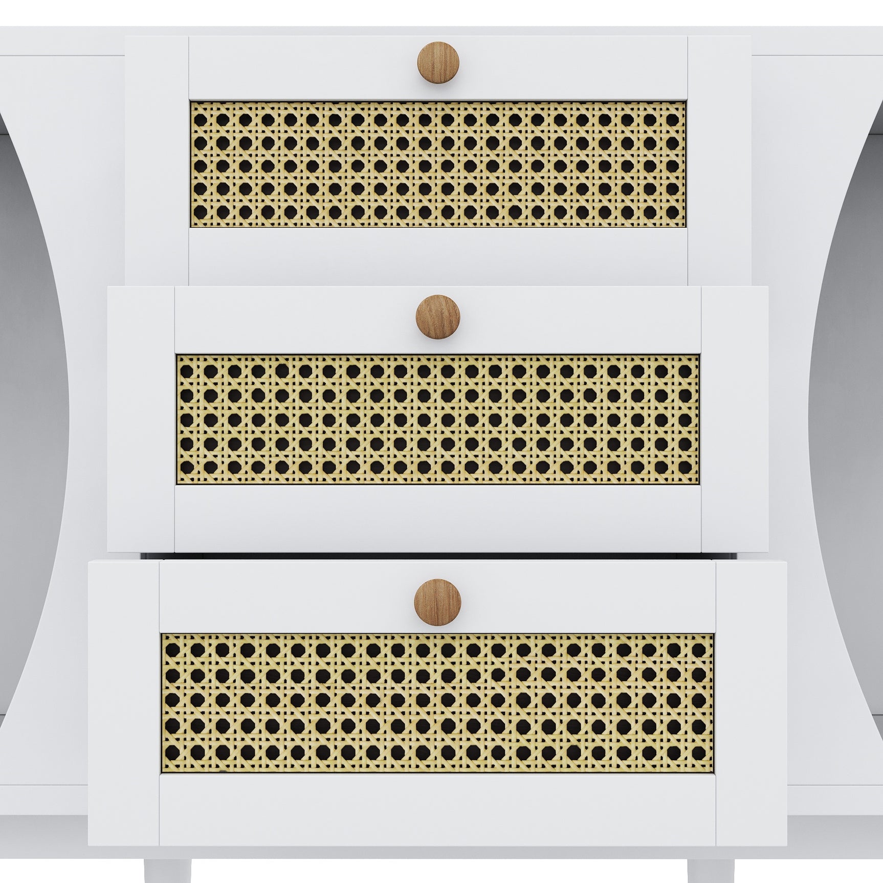 Modern white buffet with 3 rattan drawers and sliding doors