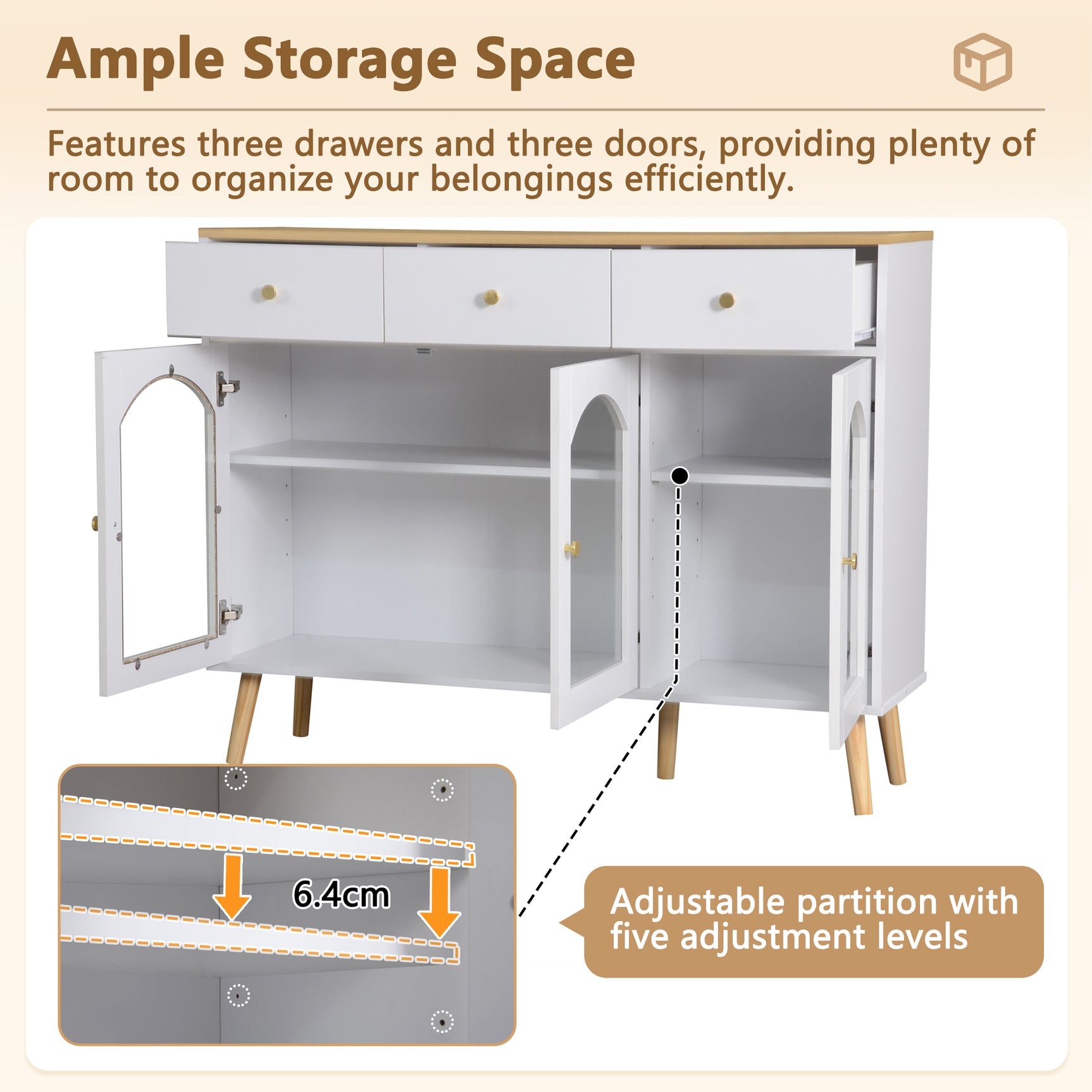 Buffet blanc et bois naturel avec 3 tiroirs et 3 portes cintrées en verre trempé, grand espace de rangement élégant