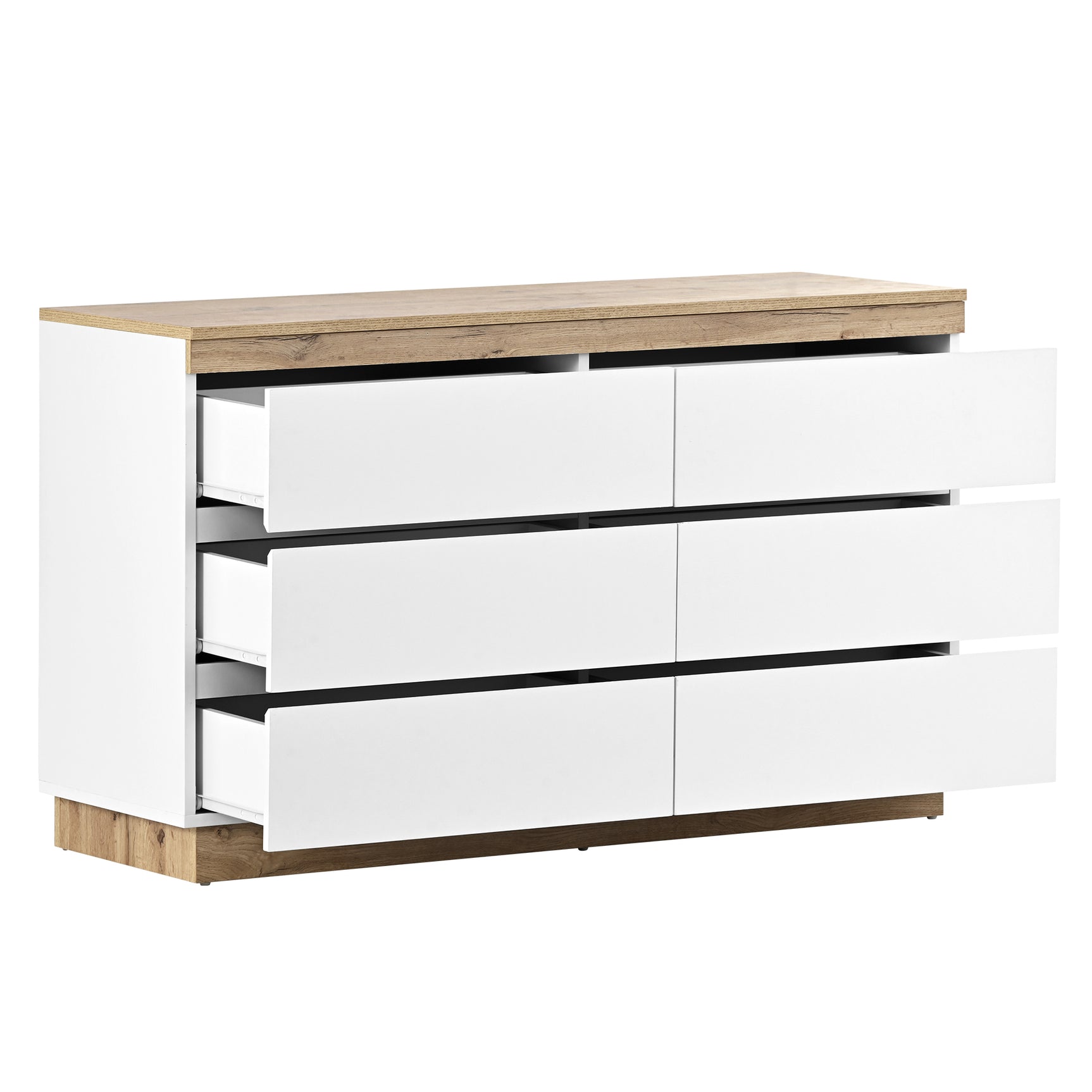 Commode blanche et chêne en panneau de particules E1 avec 6 tiroirs spacieux