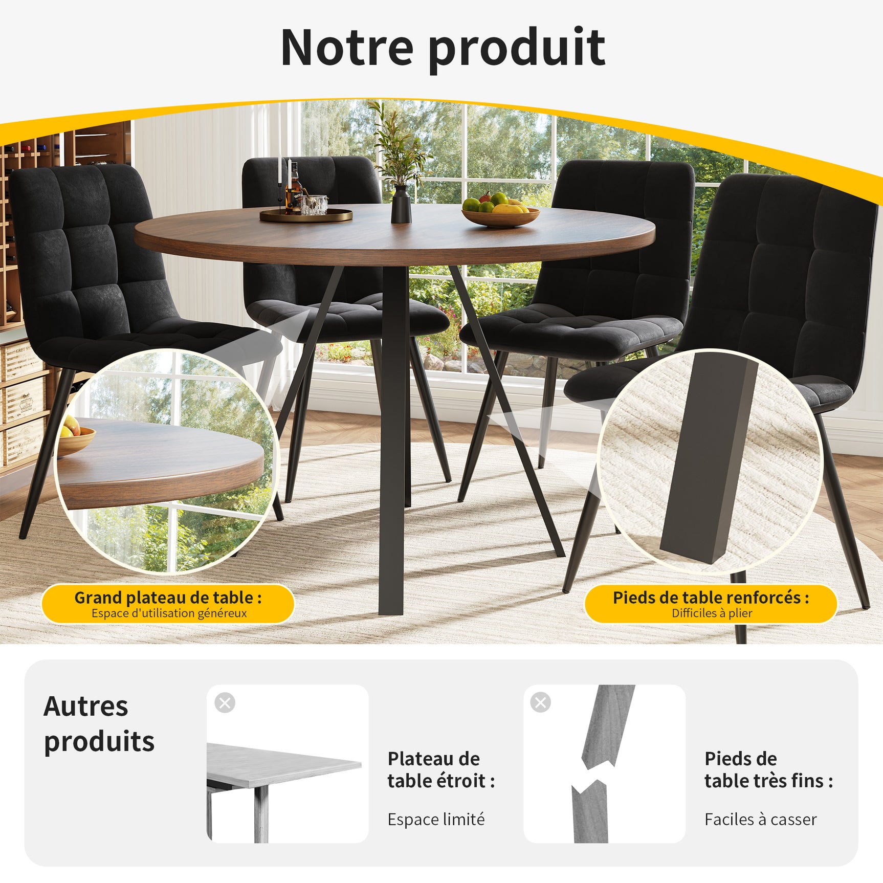 Runder Tisch in Walnussoptik Ø80 cm mit 4 schwarzen Samtstühlen, moderner und komfortabler Stil