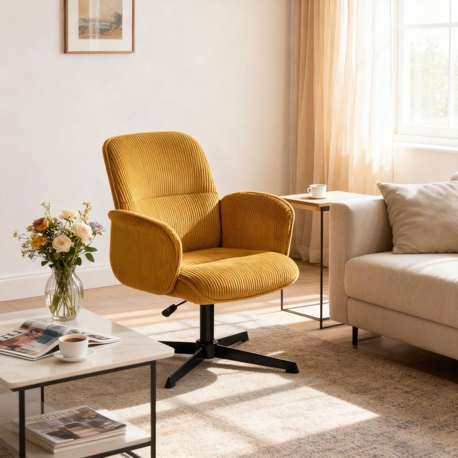Fauteuil de bureau ergonomique pivotant et réglable avec accoudoirs en velours côtelé jaune - THOMASINA