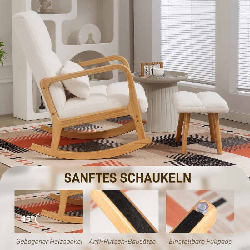 Fauteuil à bascule avec repose-pieds, revêtement polaire blanc, dossier haut et structure bois naturel