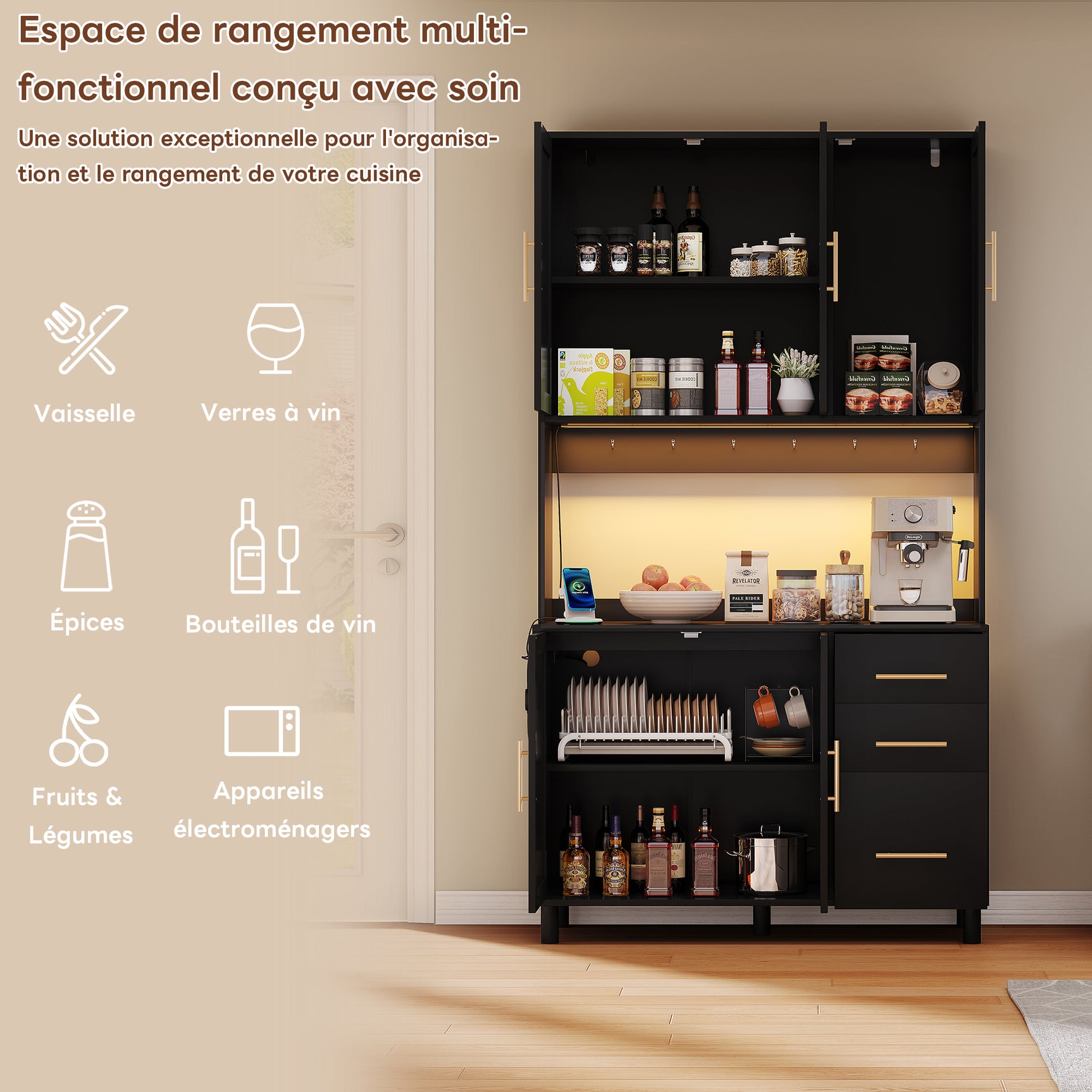 183 cm Küchenbuffet mit LED -Beleuchtung, gesteuert von Anwendung, 2 USB -Häfen, 2 Sockeln, 3 Schubladen, verstellbaren Regalen und goldenen Griffen - ideal für Küchen- und Esszimmer