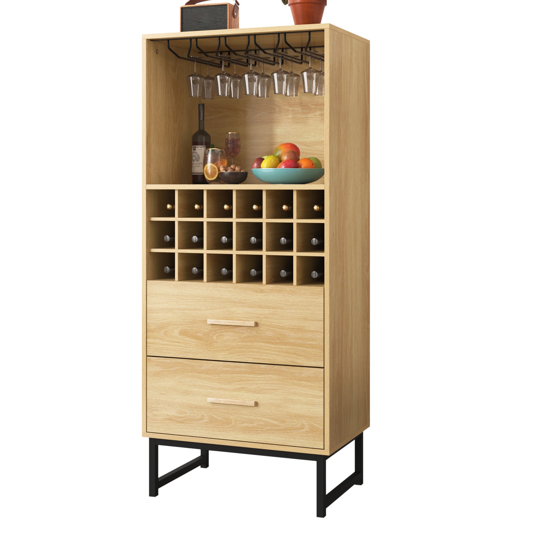 Wooden high buffet with 18 compartments, 2 integrated drawers and glass holders