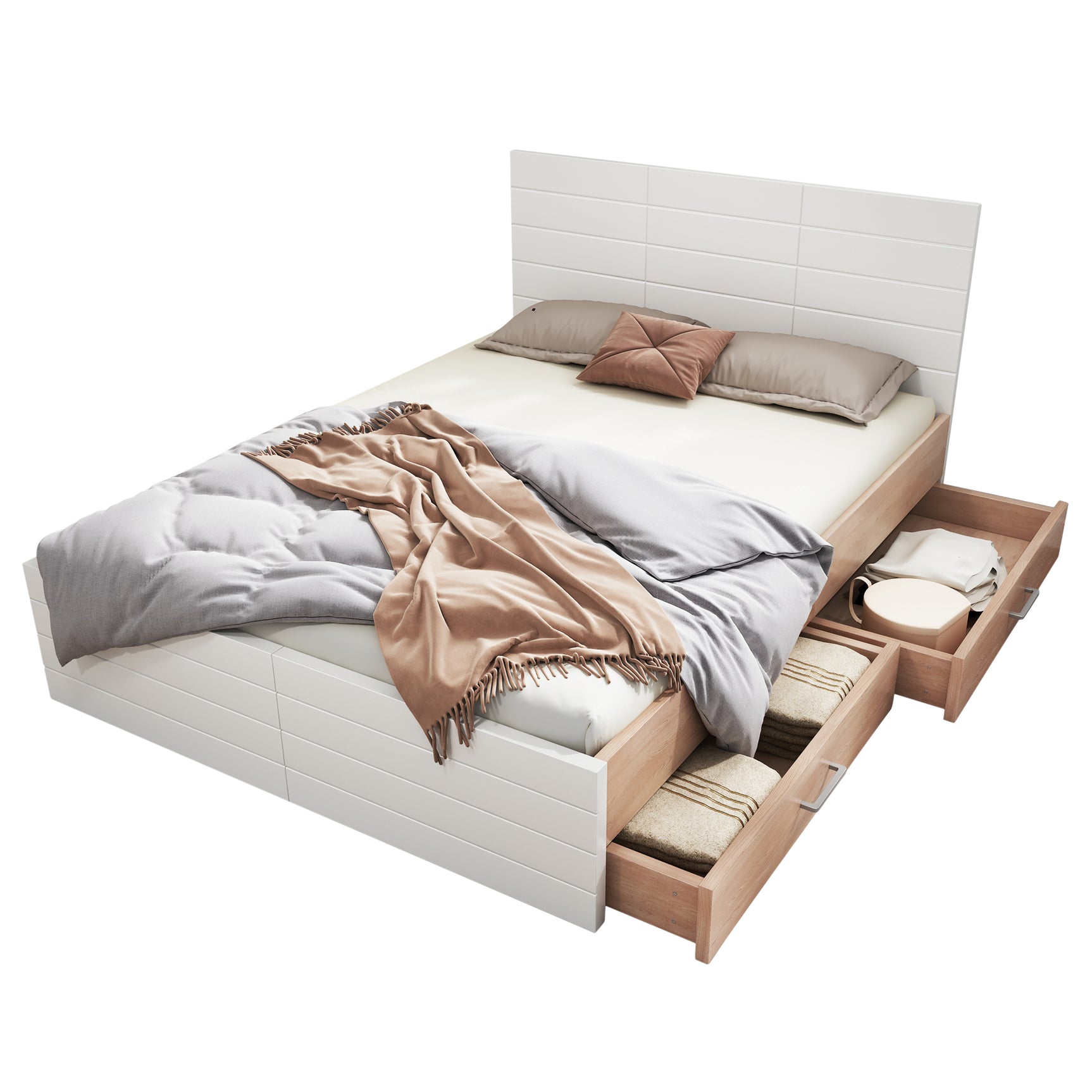 Lit double 140x200 cm en bois avec sommier à lattes et 2 tiroirs de rangement (sans matelas)