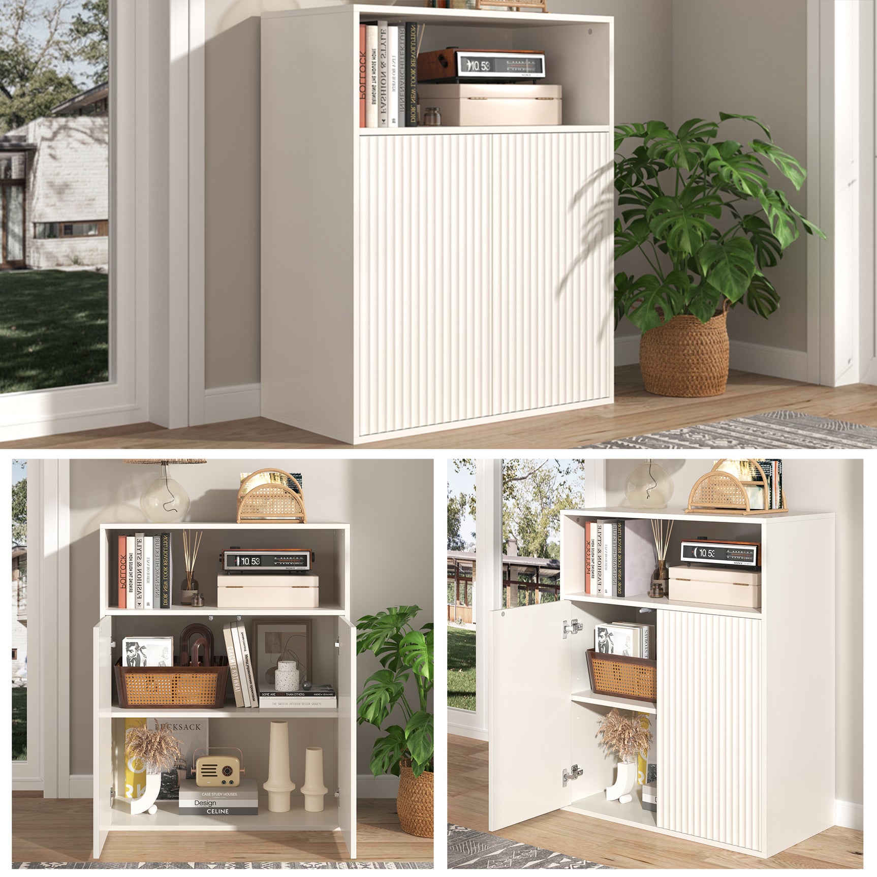 Buffet de rangement blanc 70x35x90 cm en MDF avec 2 portes magnétiques