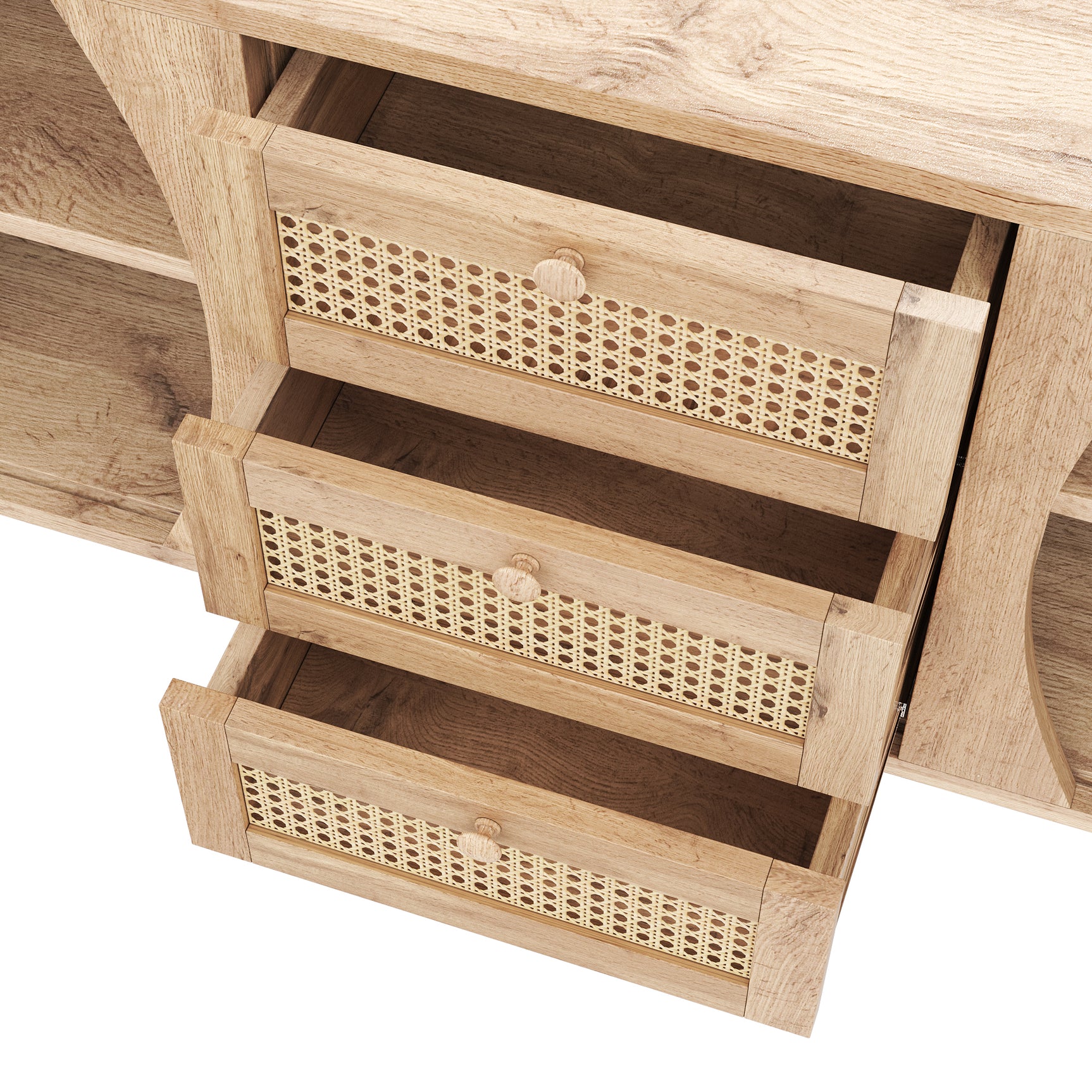 Buffet en bois avec portes coulissantes en cannage, 3 tiroirs et étagères réglables, plateau arrondi