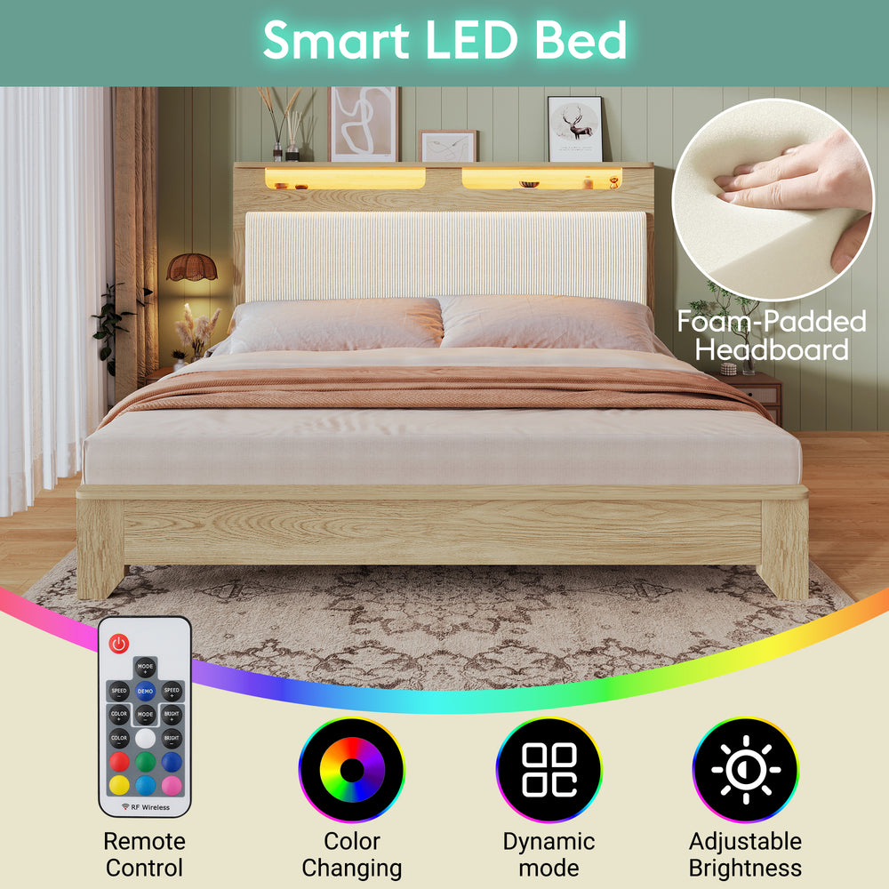 Double bed 160x200 cm in wood with box spring, headboard with integrated LED, padded back in beige chopped fabric and practical storage space (mattresses not included)
