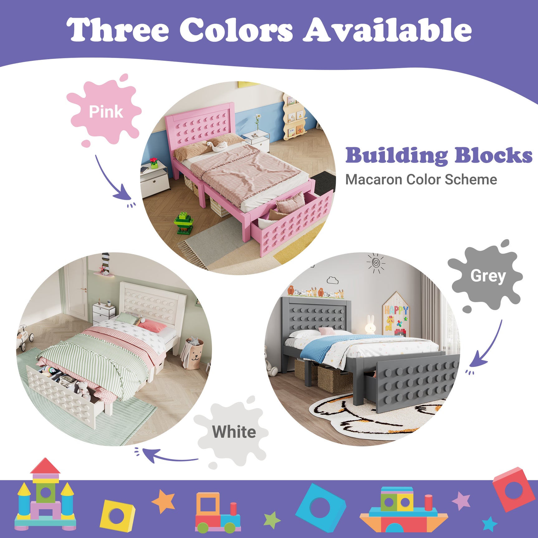 Lit enfant rose 90x200 cm avec tiroir de rangement et design créatif en blocs, cadre en bois massif