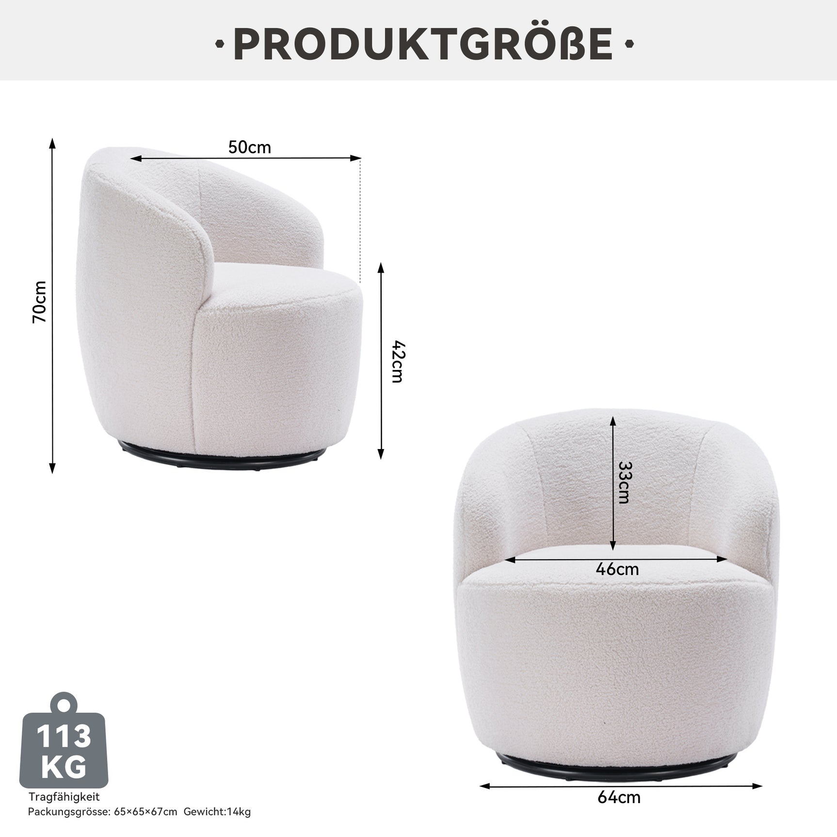 Fauteuil pivotant en tissu Teddy blanc, design œuf avec dossier rembourré et base rotative 360°