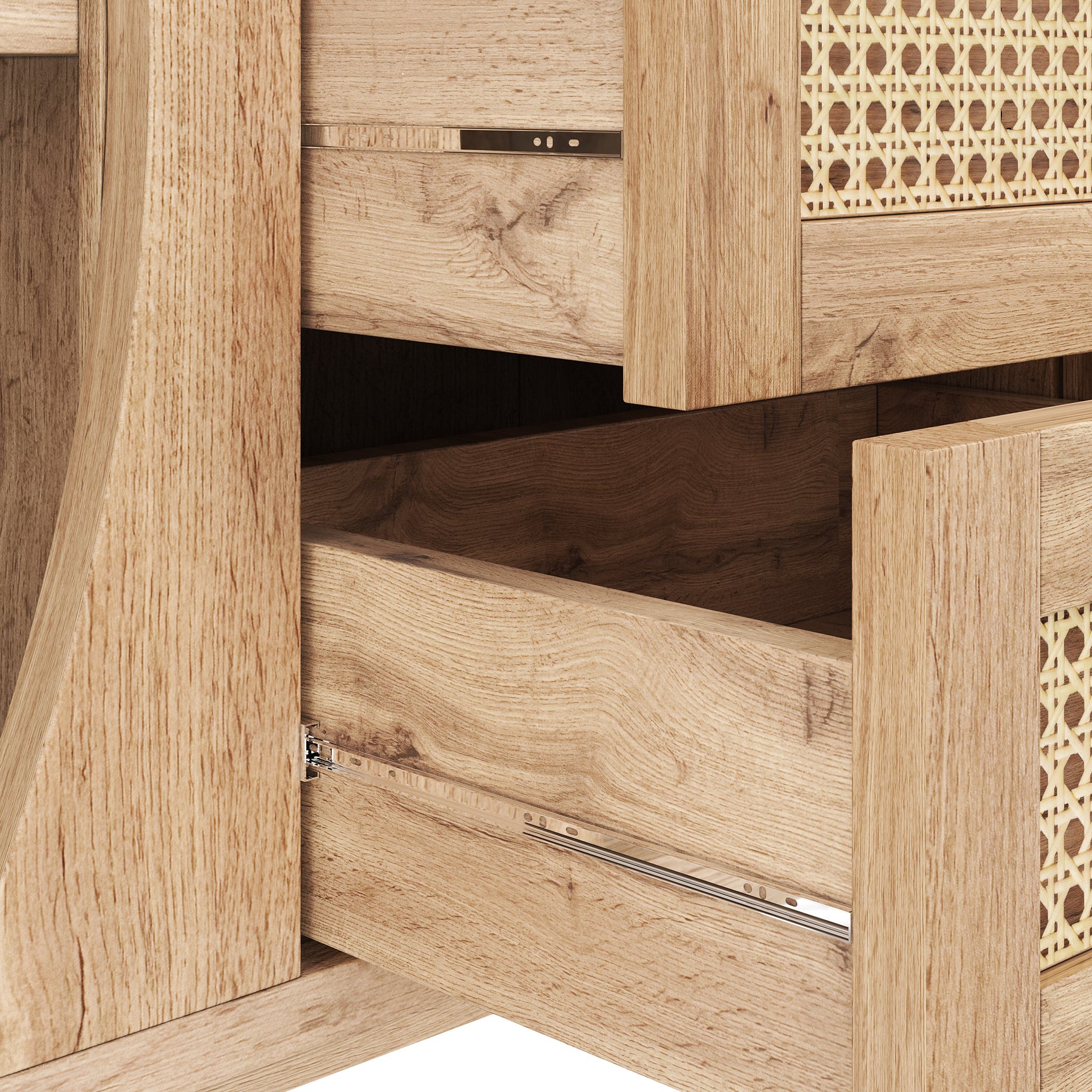 Buffet en bois avec portes coulissantes en cannage, 3 tiroirs et étagères réglables, plateau arrondi